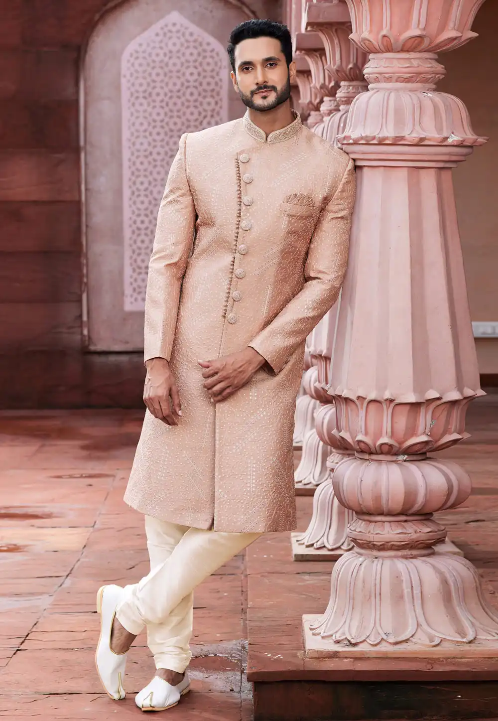 Peach Art Silk Achkan Style Sherwani 275783
