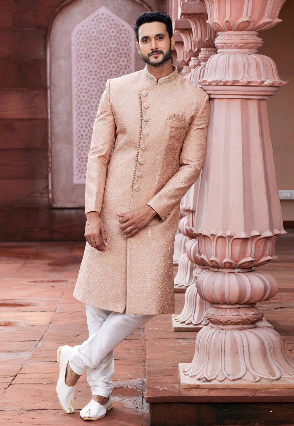 Peach Art Silk Achkan Style Sherwani 275783