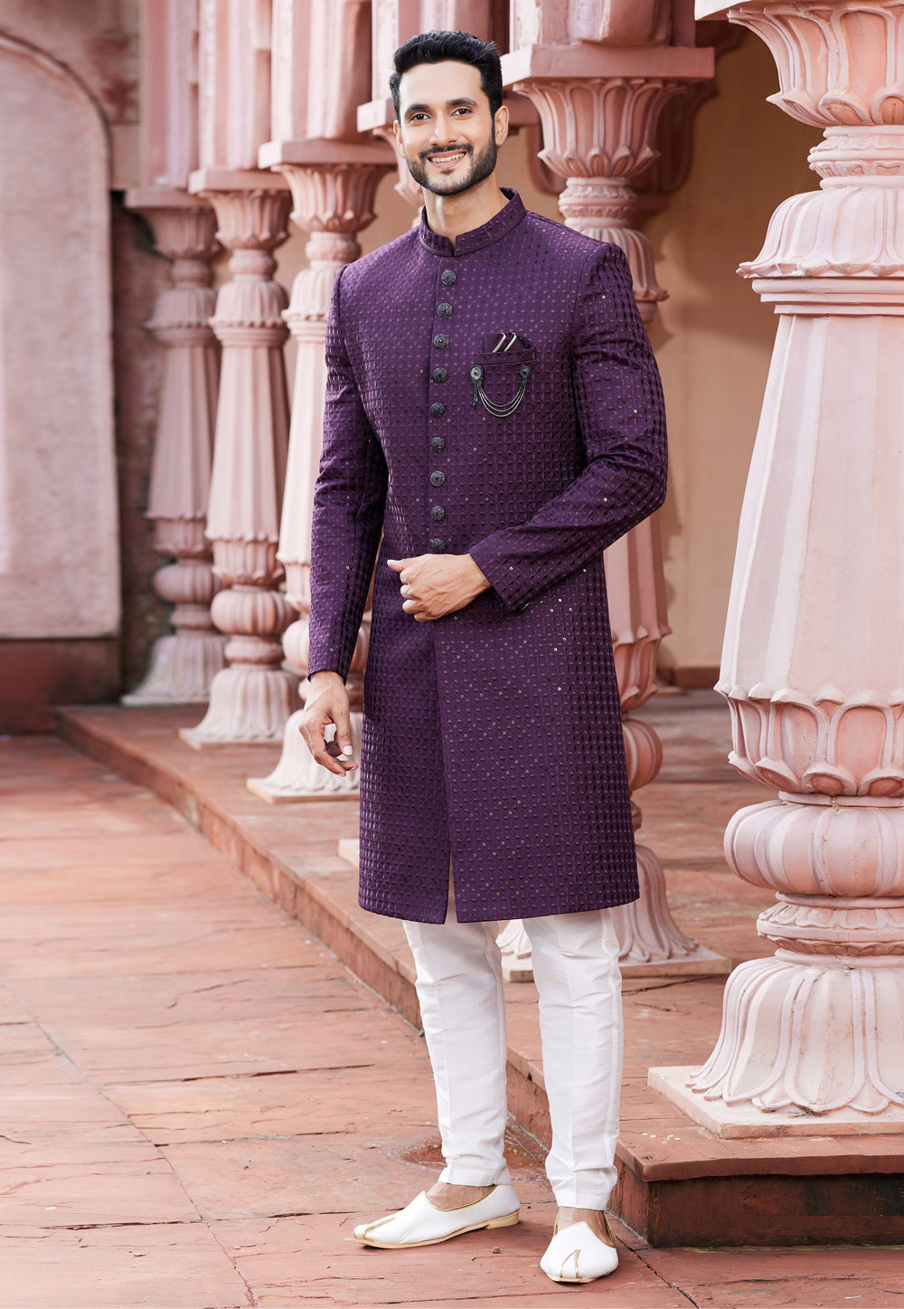 Purple Art Silk Achkan Style Sherwani 275785