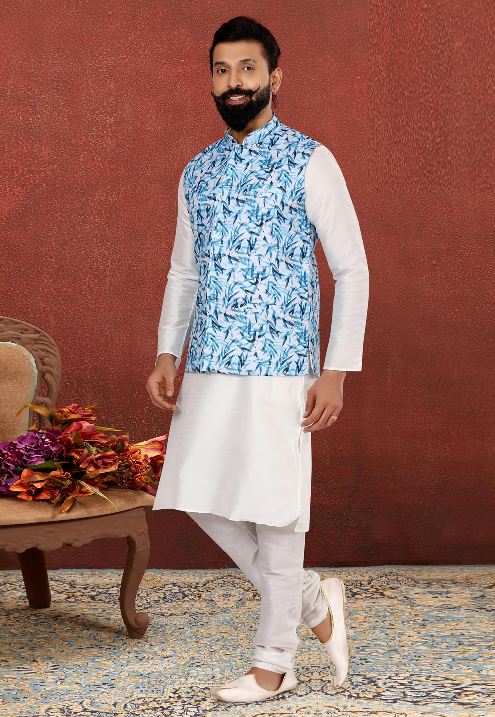 White Dupion Silk Kurta Pajama With Jacket 238514