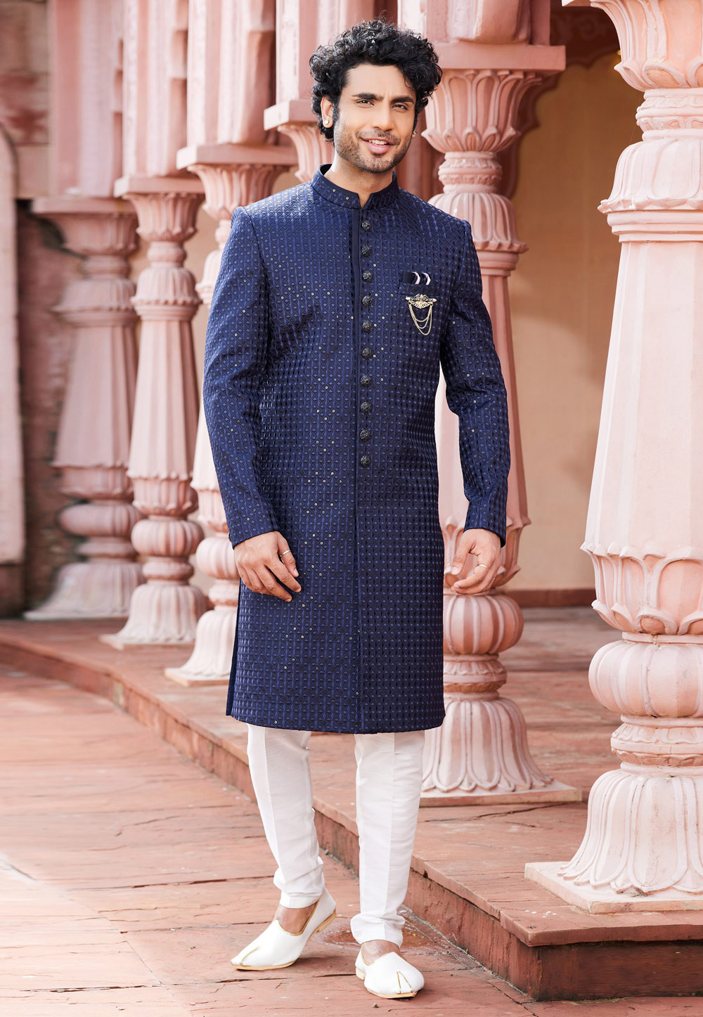Navy Blue Art Silk Achkan Style Sherwani 275786