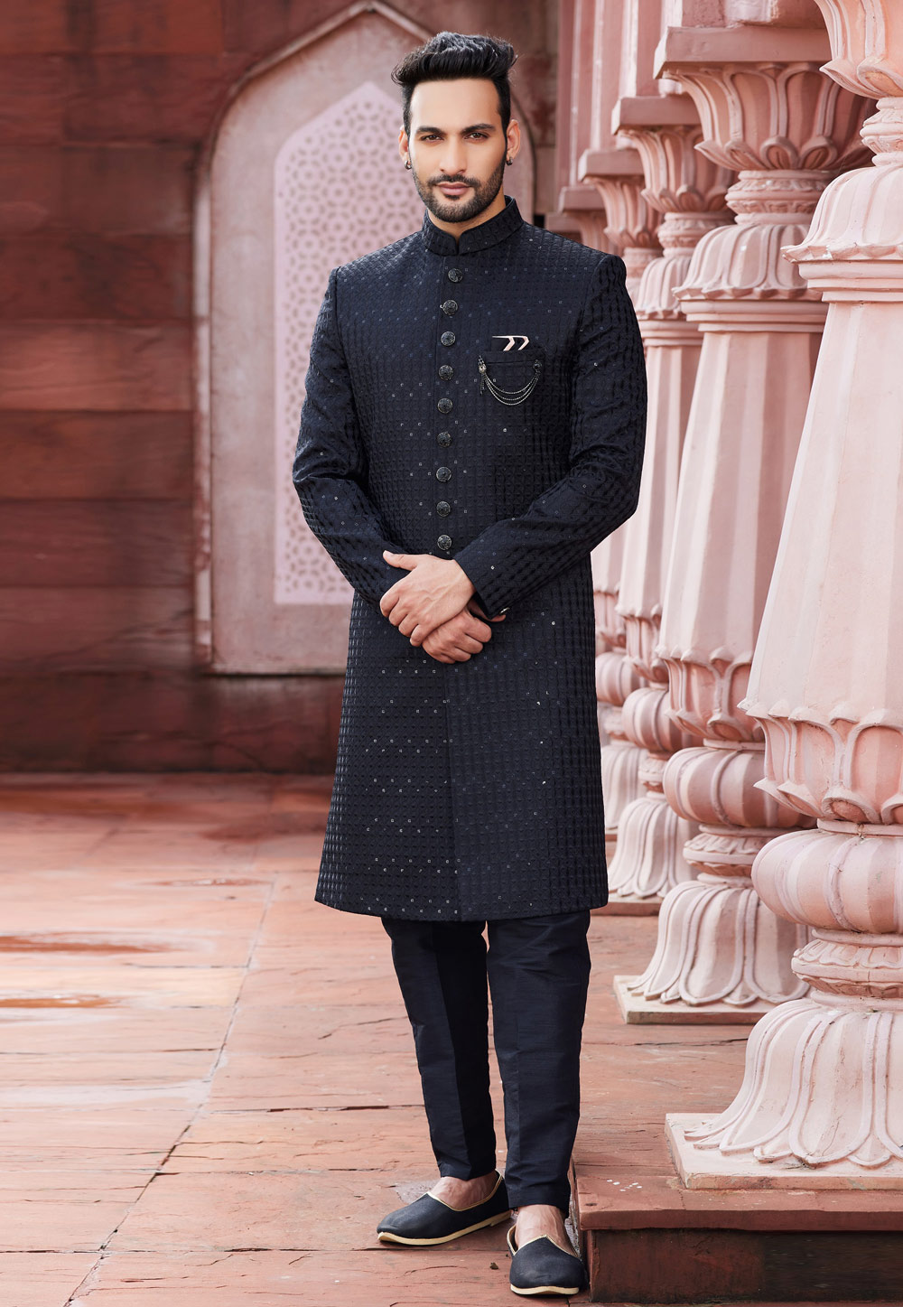 Black Art Silk Achkan Style Sherwani 275787