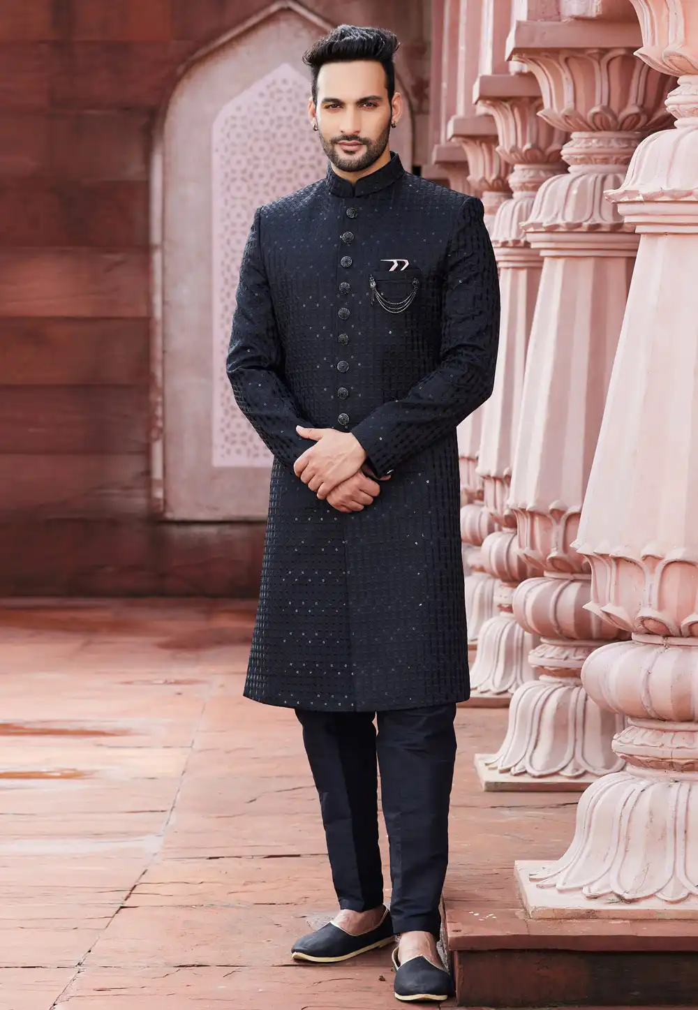 Black Art Silk Achkan Style Sherwani 275787