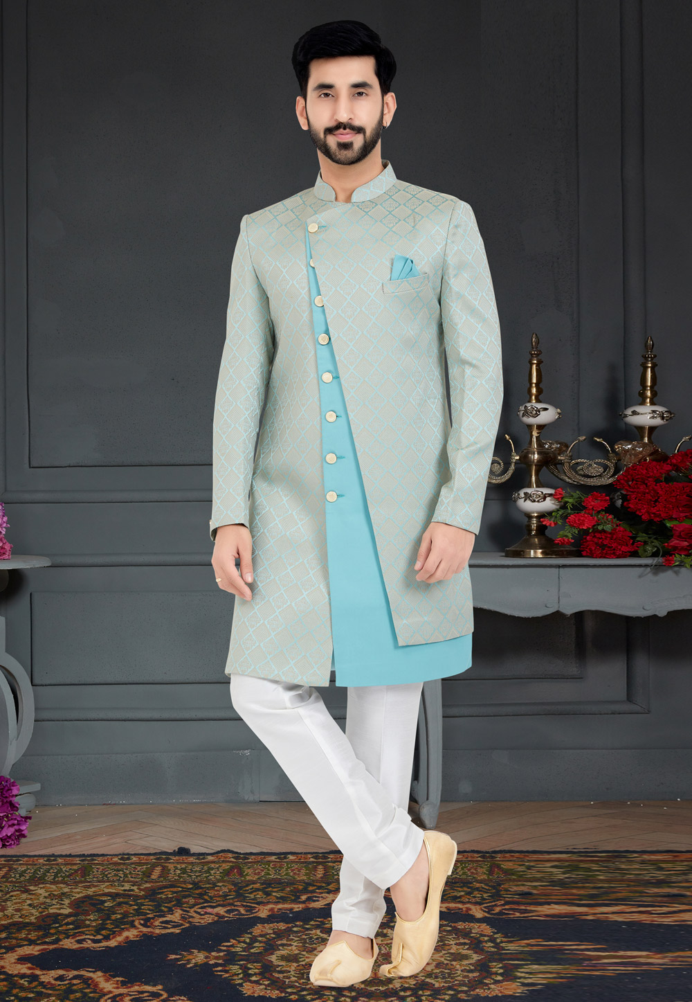 Grey Jacquard Indo Western Sherwani 259265