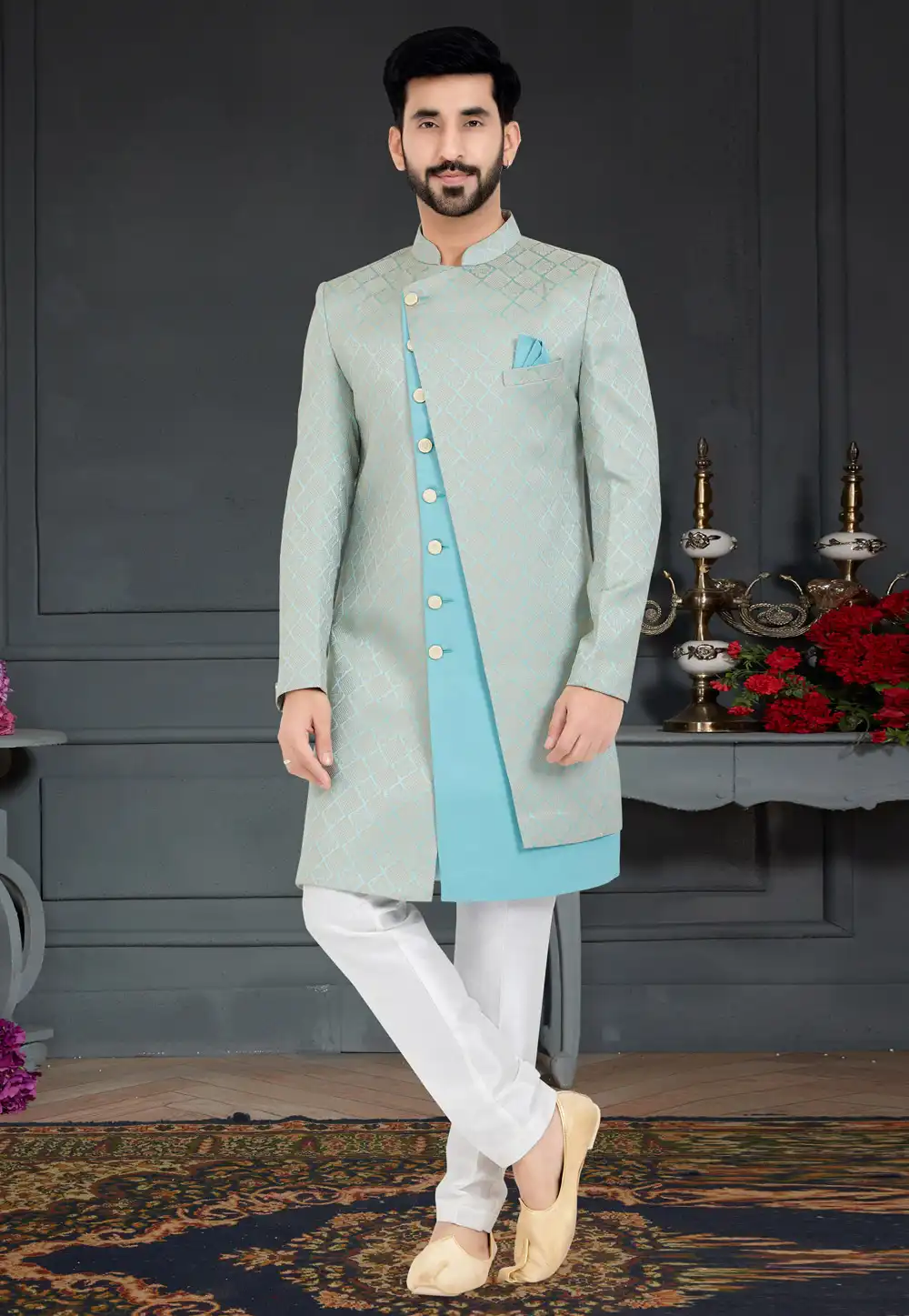 Grey Jacquard Indo Western Sherwani 259265