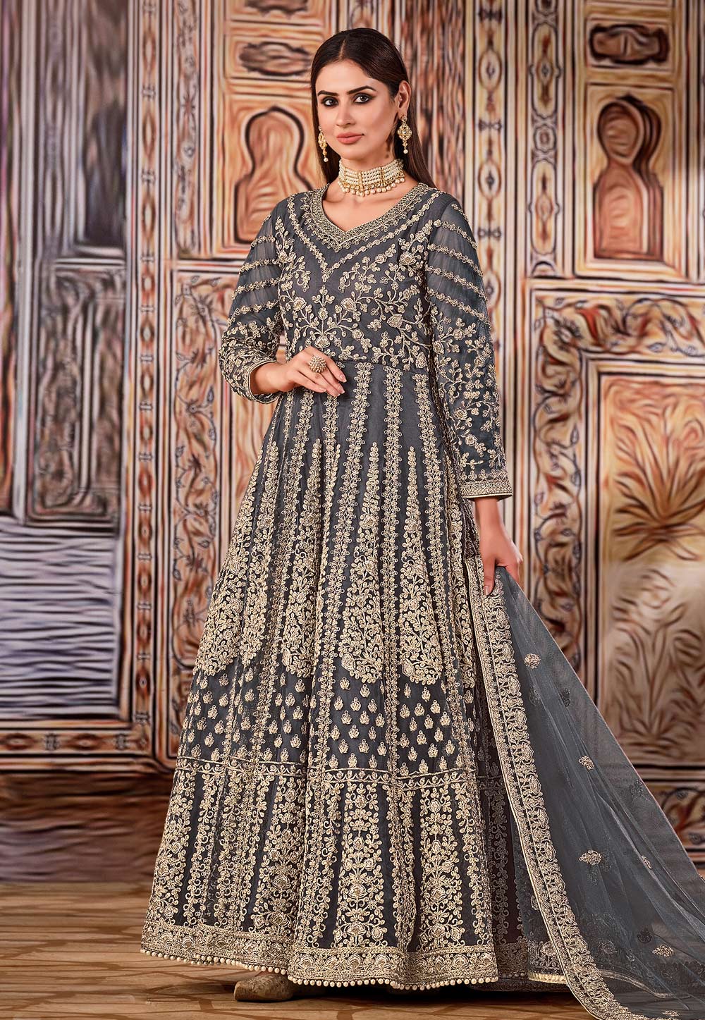 Grey Net Abaya Style Anarkali Suit 233659