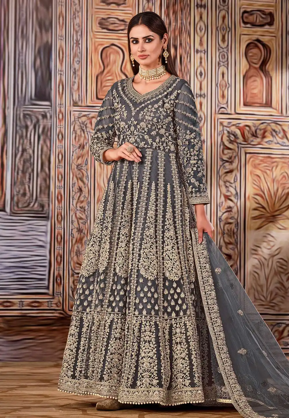 Grey Net Abaya Style Anarkali Suit 233659