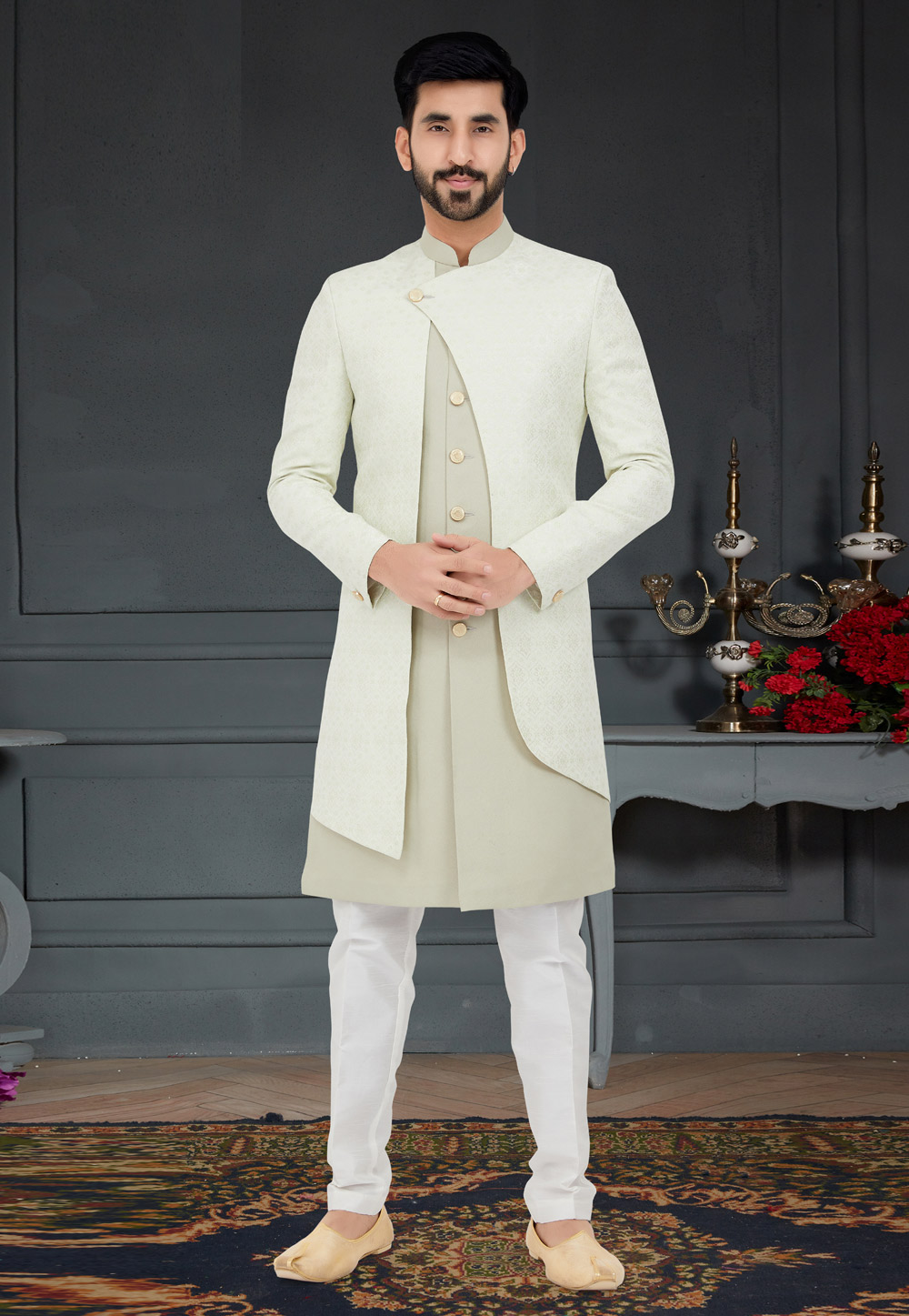 Off White Jacquard Indo Western Sherwani 259266