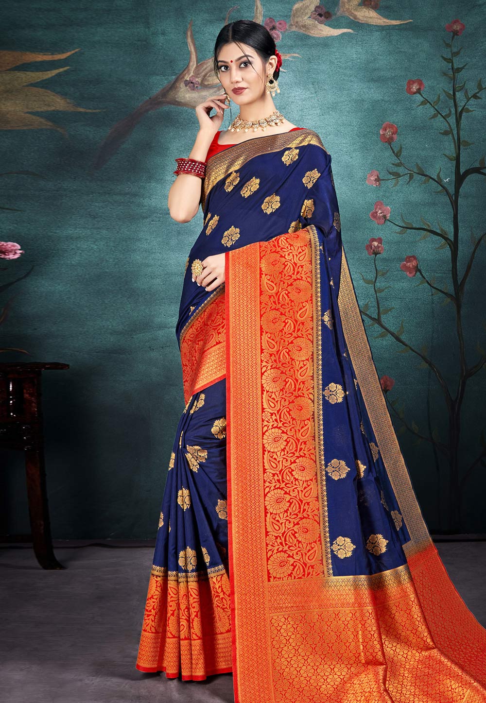 Navy Blue Banarasi Silk Saree With Blouse 207783