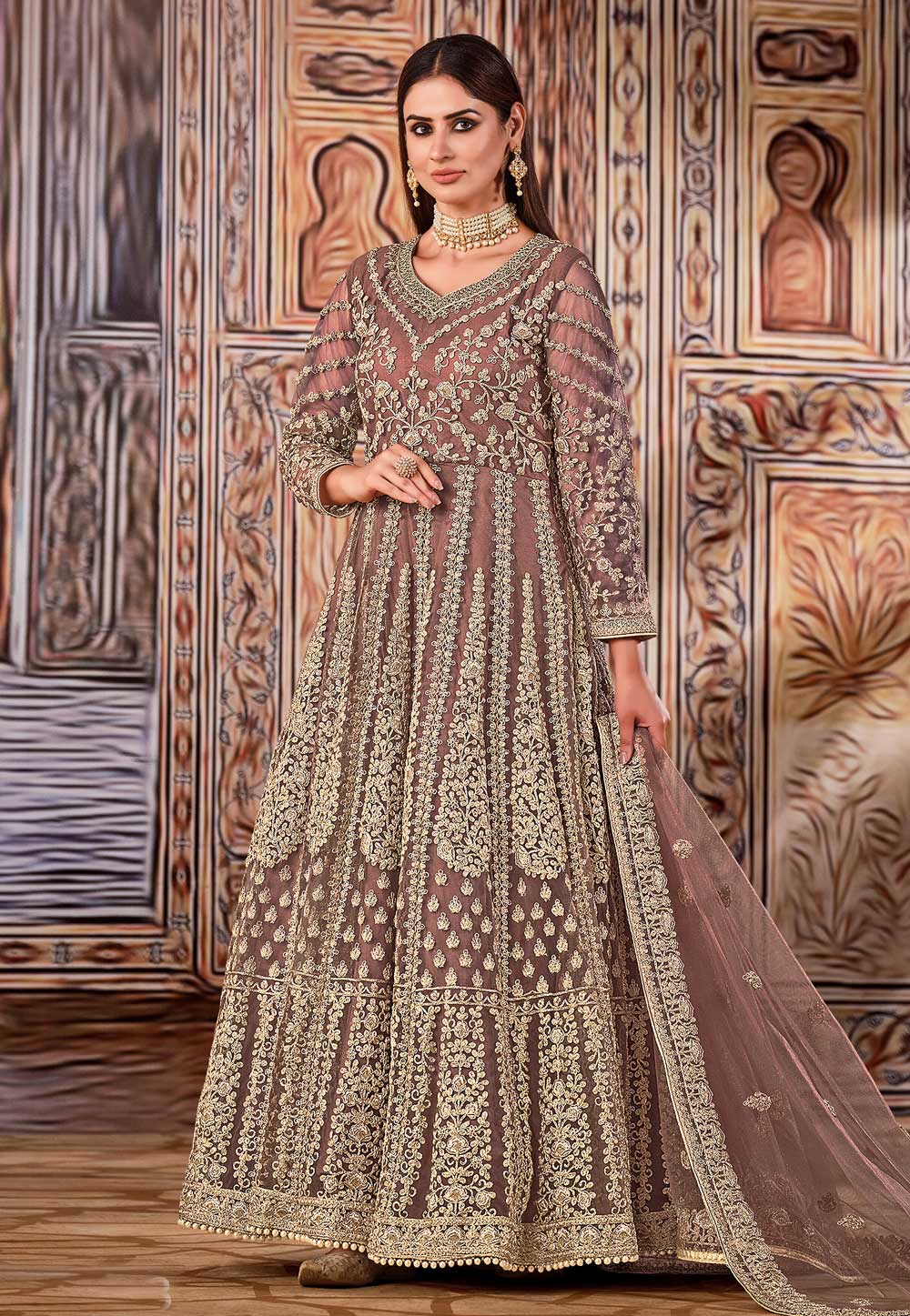 Brown Net Long Anarkali Suit 233660