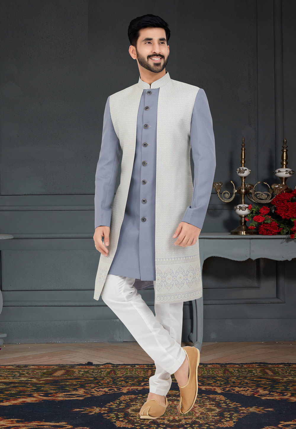 Grey Jacquard Indo Western Sherwani 259268