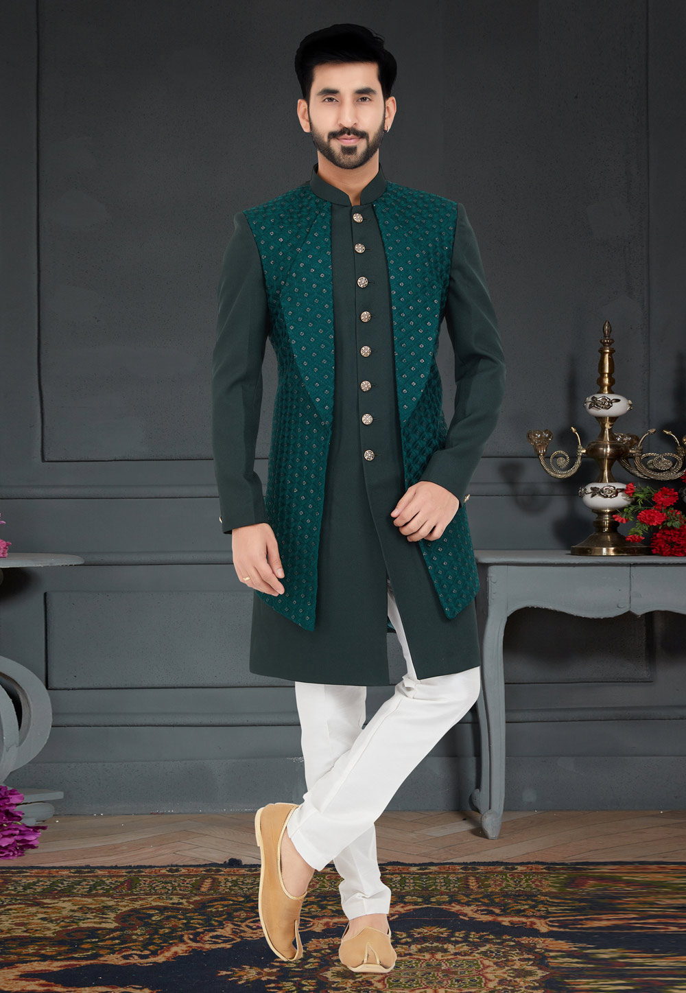 Green Jacquard Indo Western Sherwani 259269