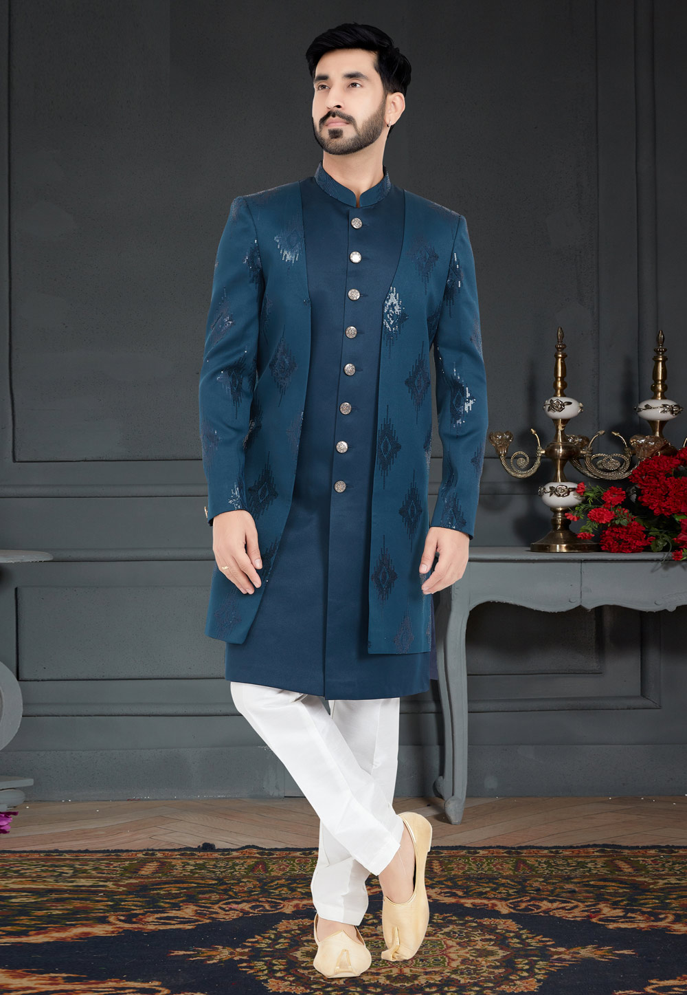 Teal Jacquard Indo Western Sherwani 259272