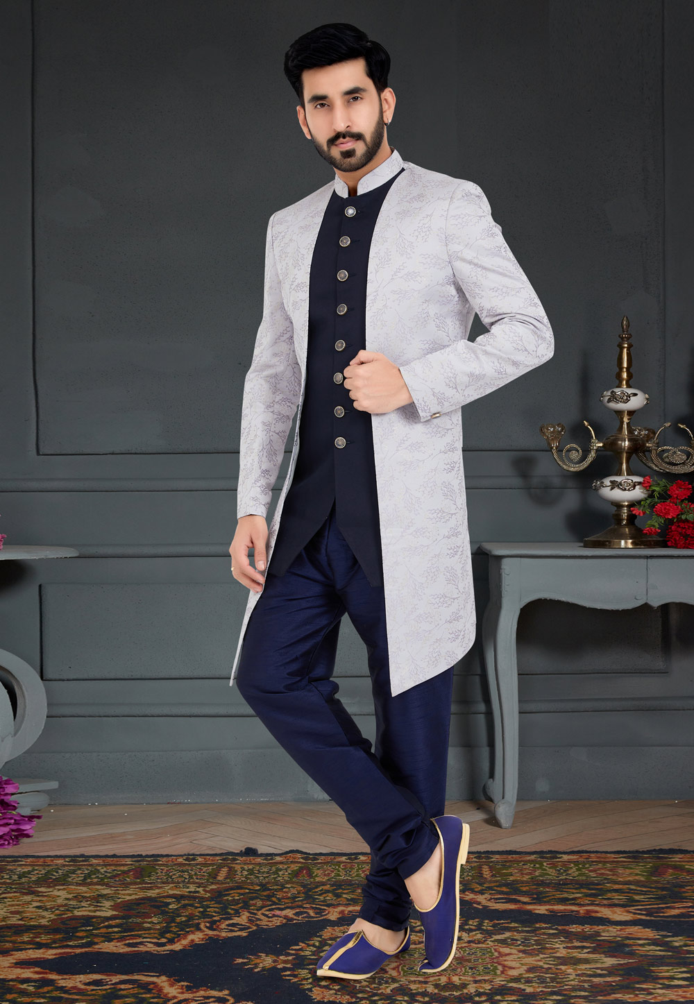 Navy Blue Jacquard Indo Western Sherwani 259273