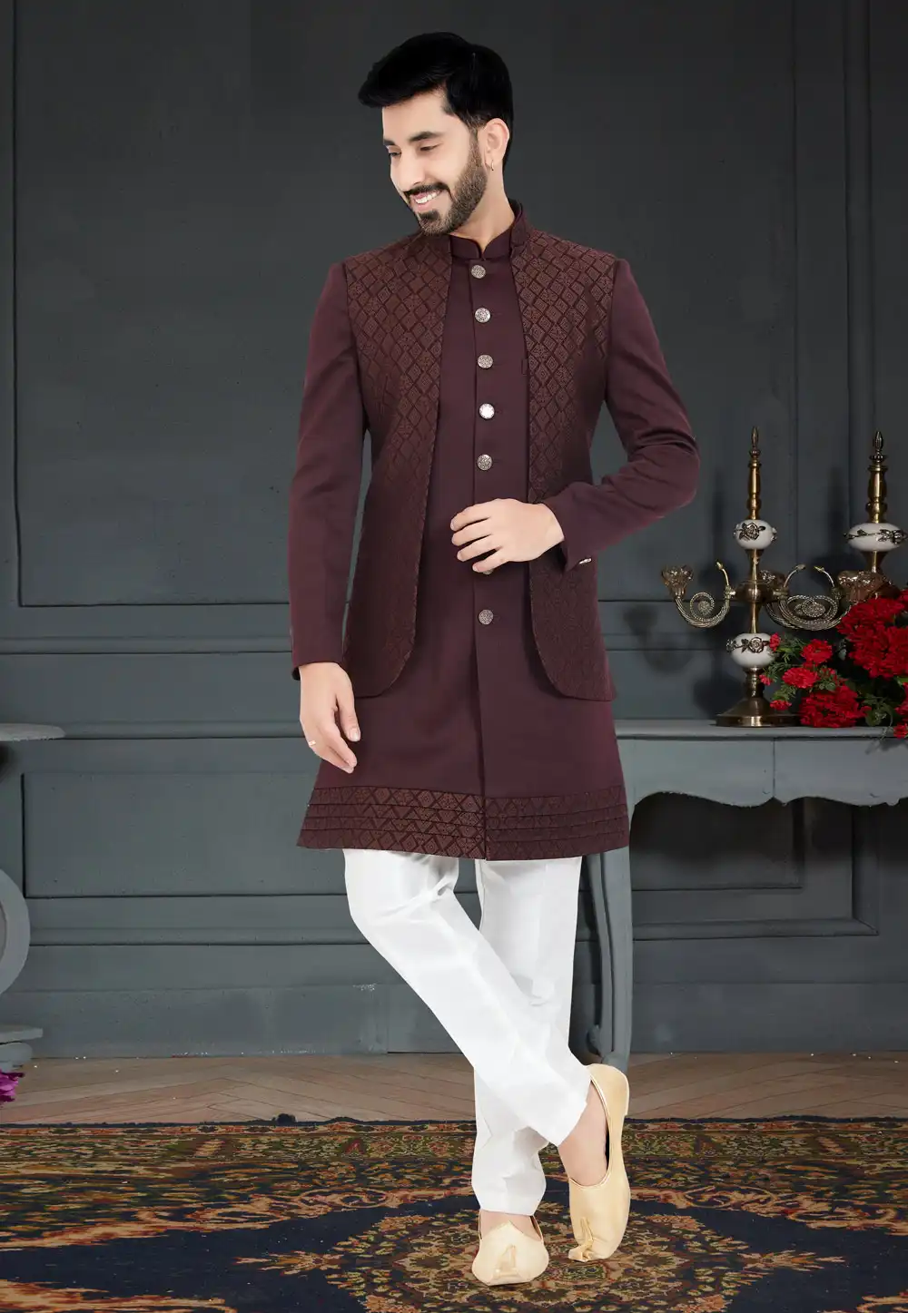 Maroon Jacquard Indo Western Sherwani 259274