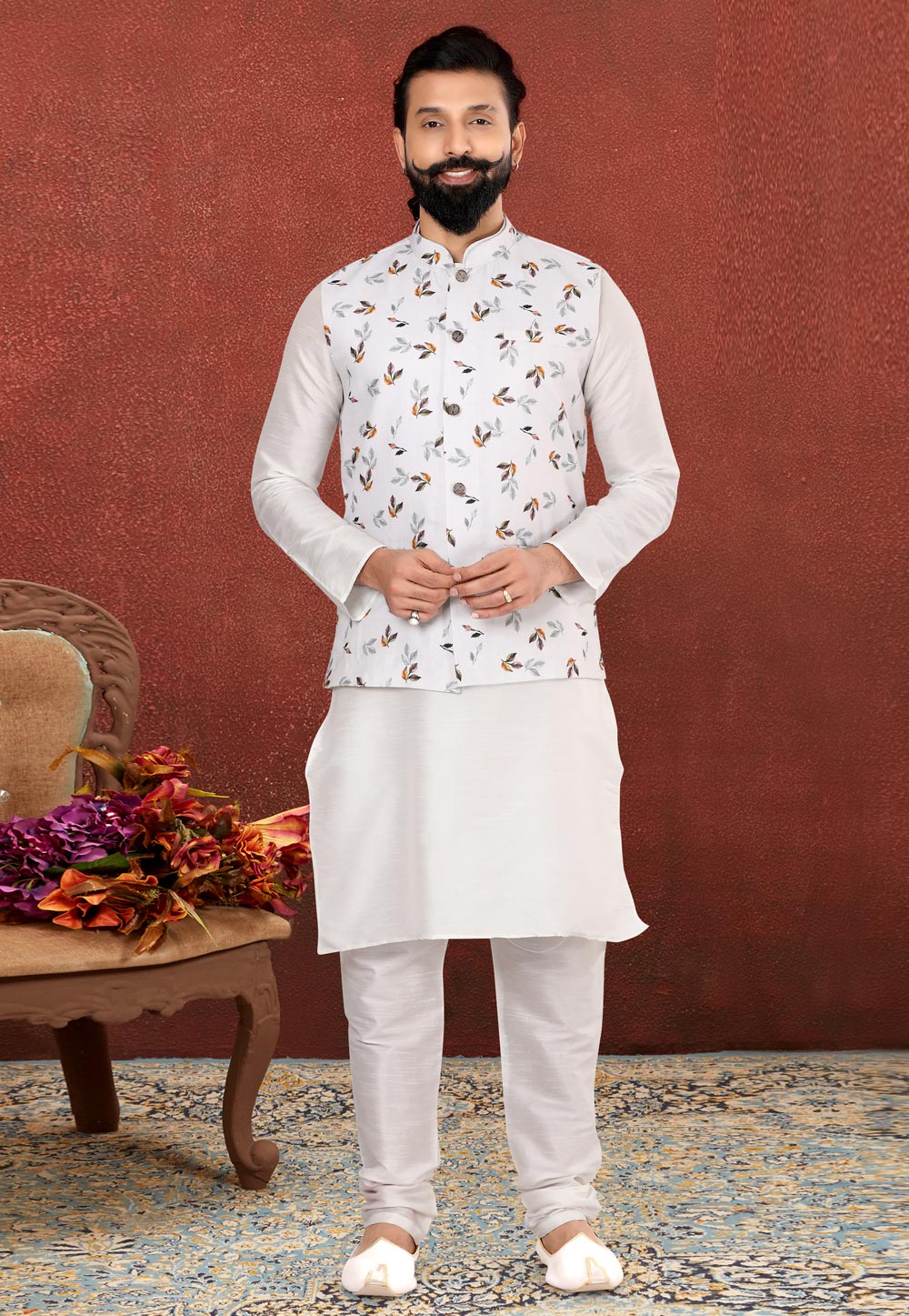 White Dupion Silk Kurta Pajama With Jacket 238516