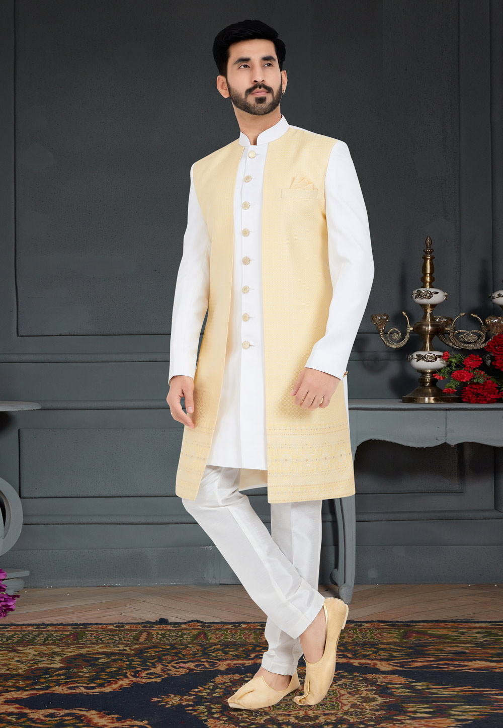 White Jacquard Indo Western Sherwani 259275