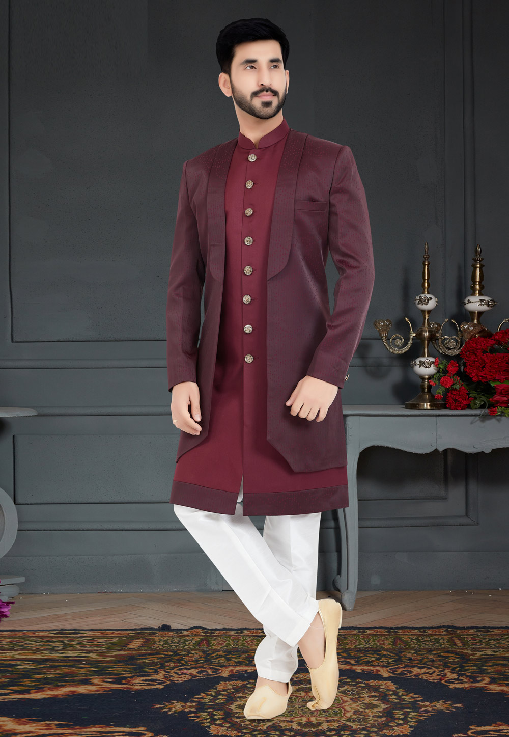 Maroon Jacquard Indo Western Sherwani 259276