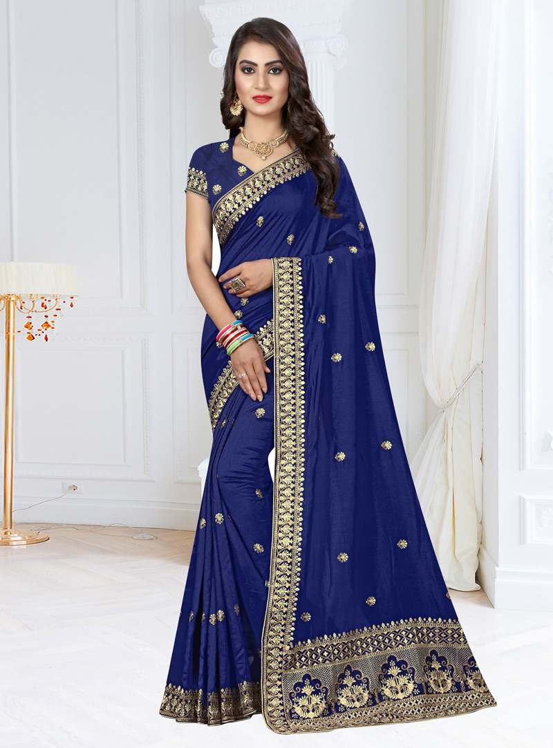 Navy Blue Silk Festival Wear Saree 146434