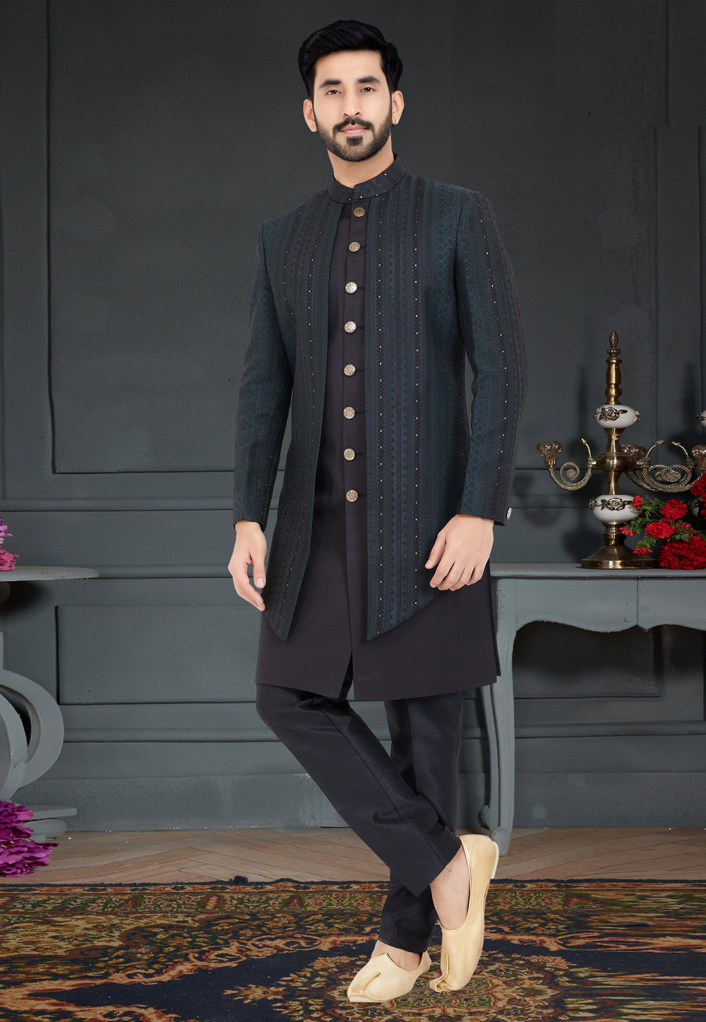 Black Jacquard Indo Western Sherwani 259277