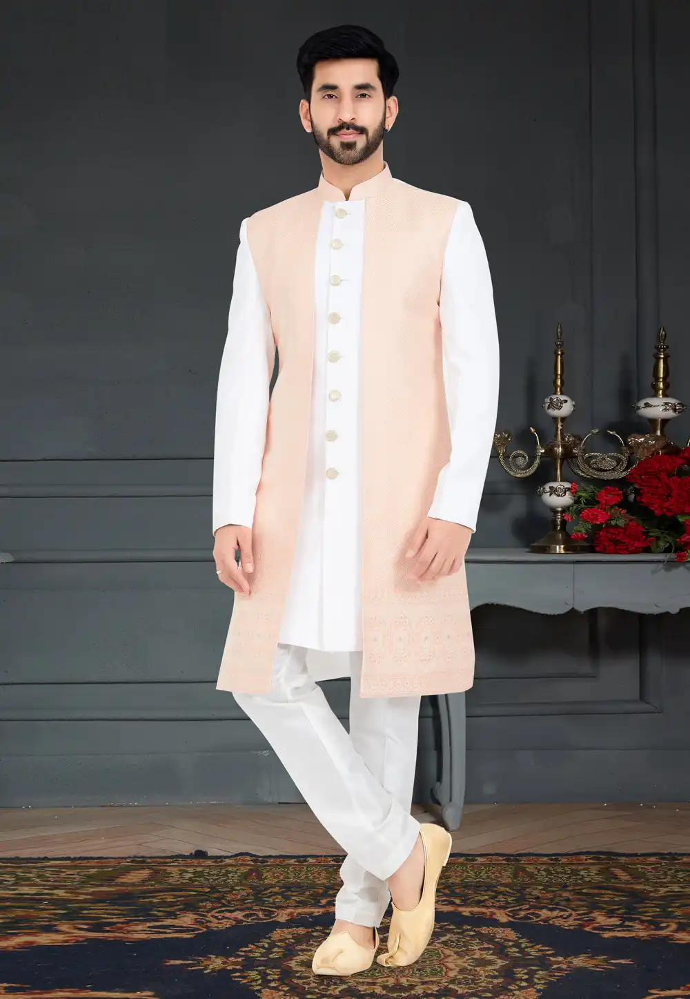 White Jacquard Indo Western Sherwani 259278