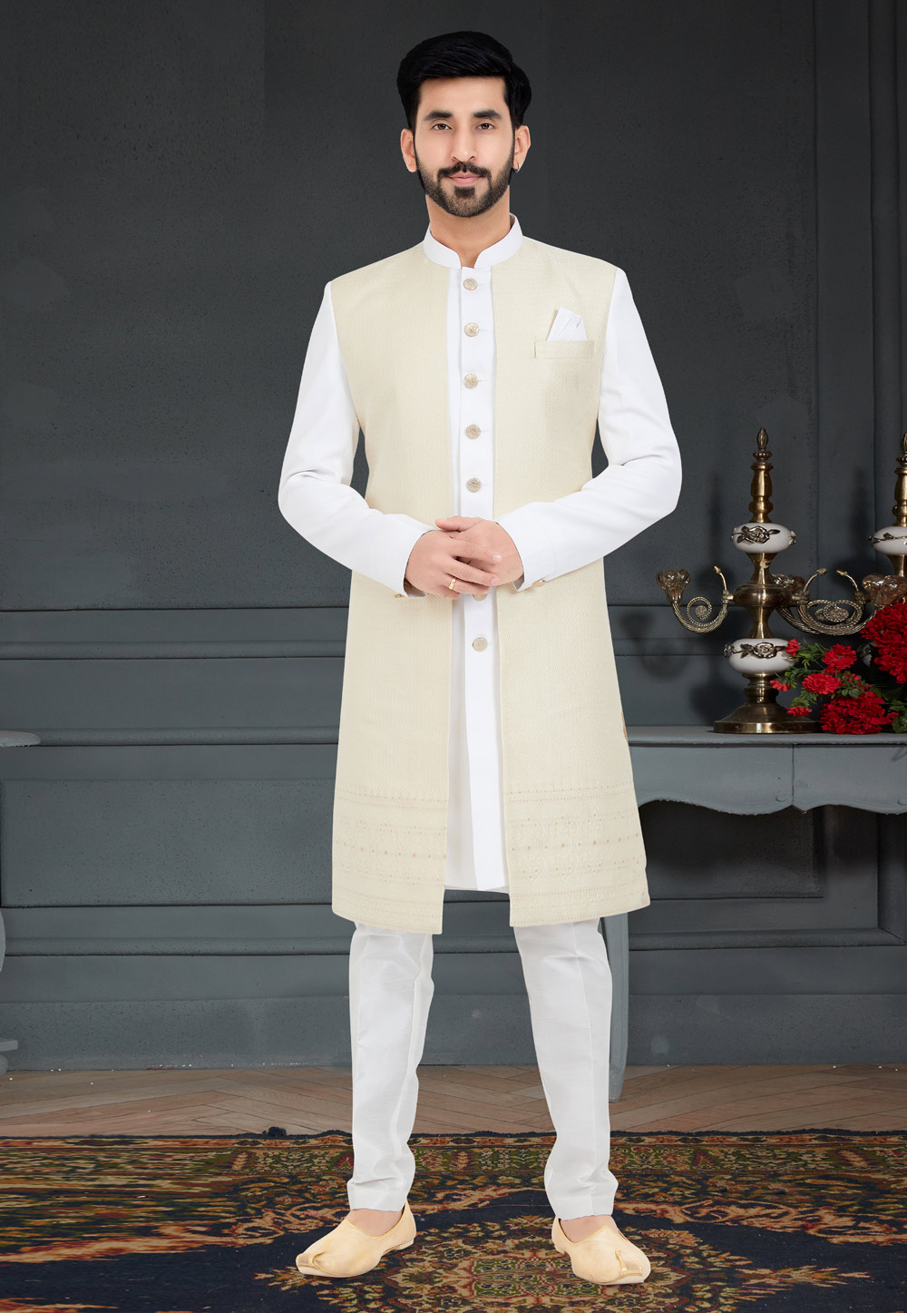 White Jacquard Indo Western Sherwani 259280