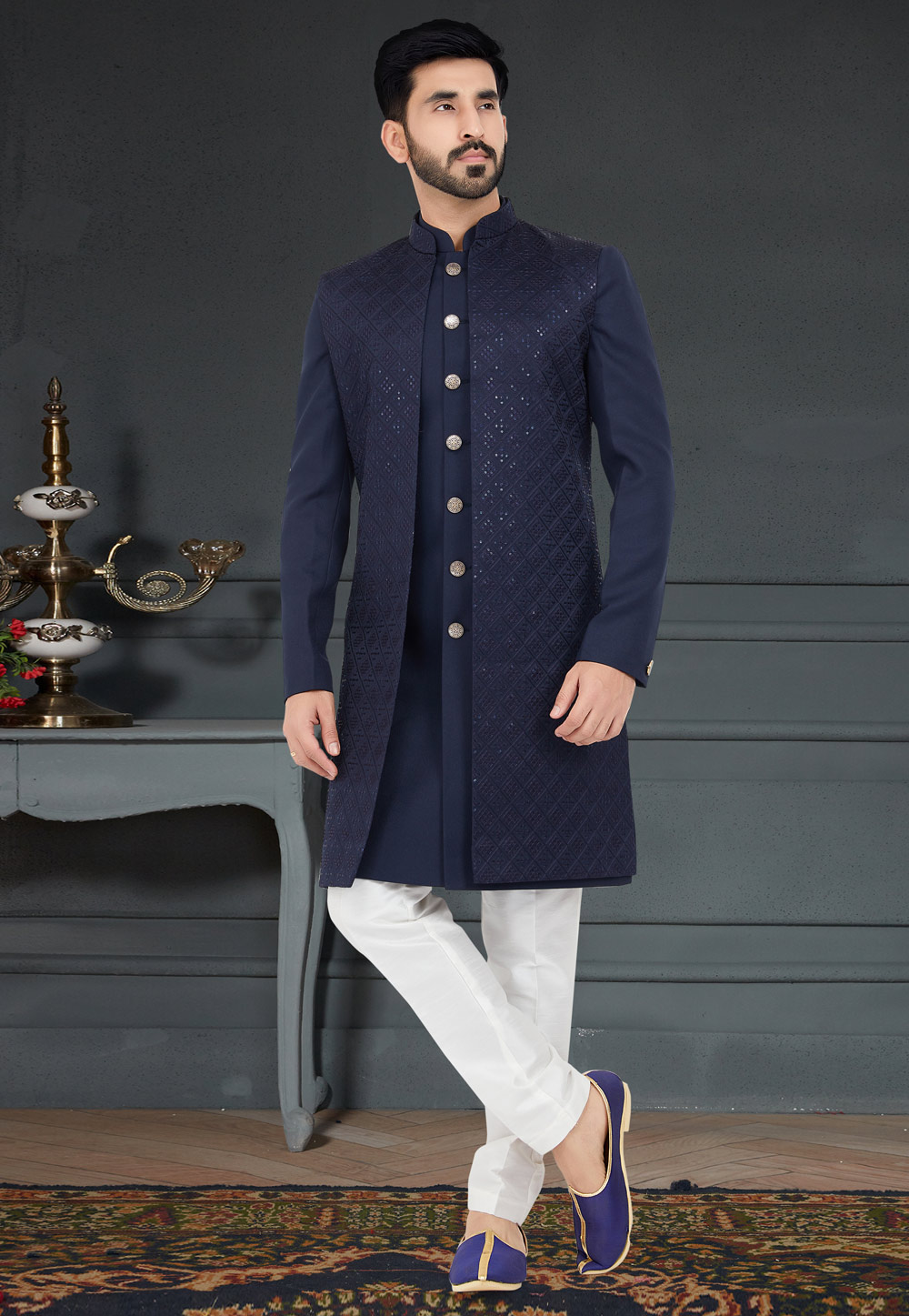 Navy Blue Jacquard Indo Western Sherwani 259281