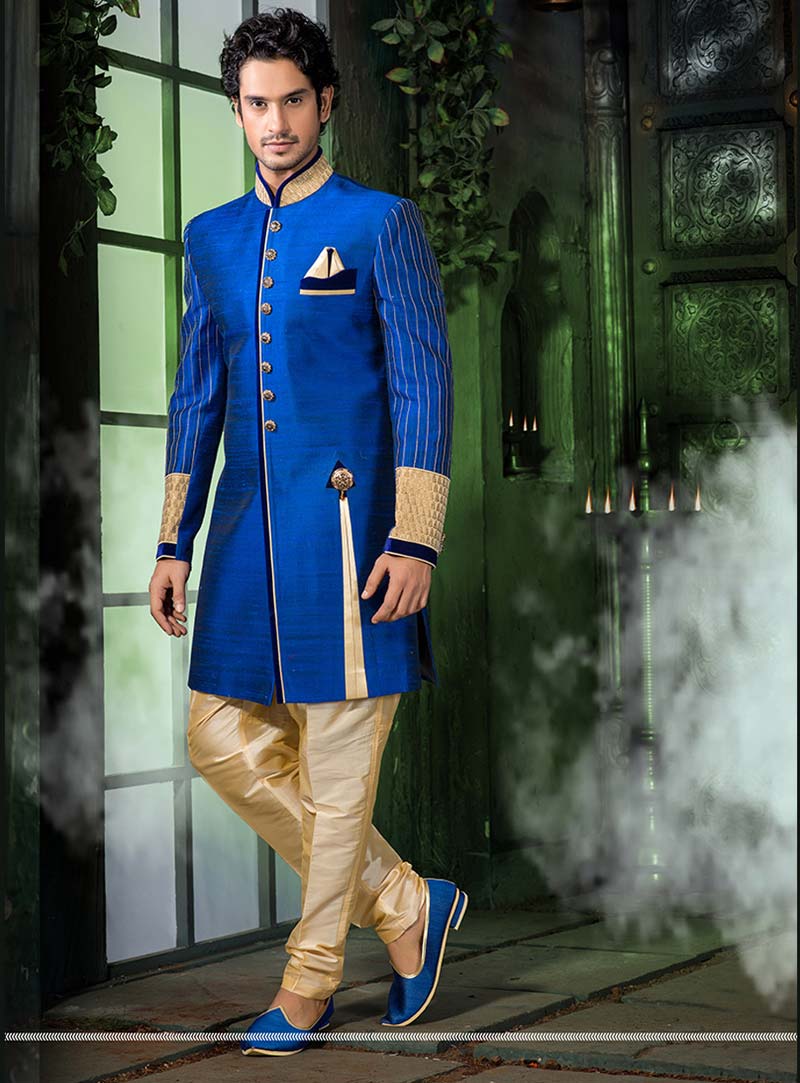 Blue Pure Silk Readymade Indo Western Suit 67928