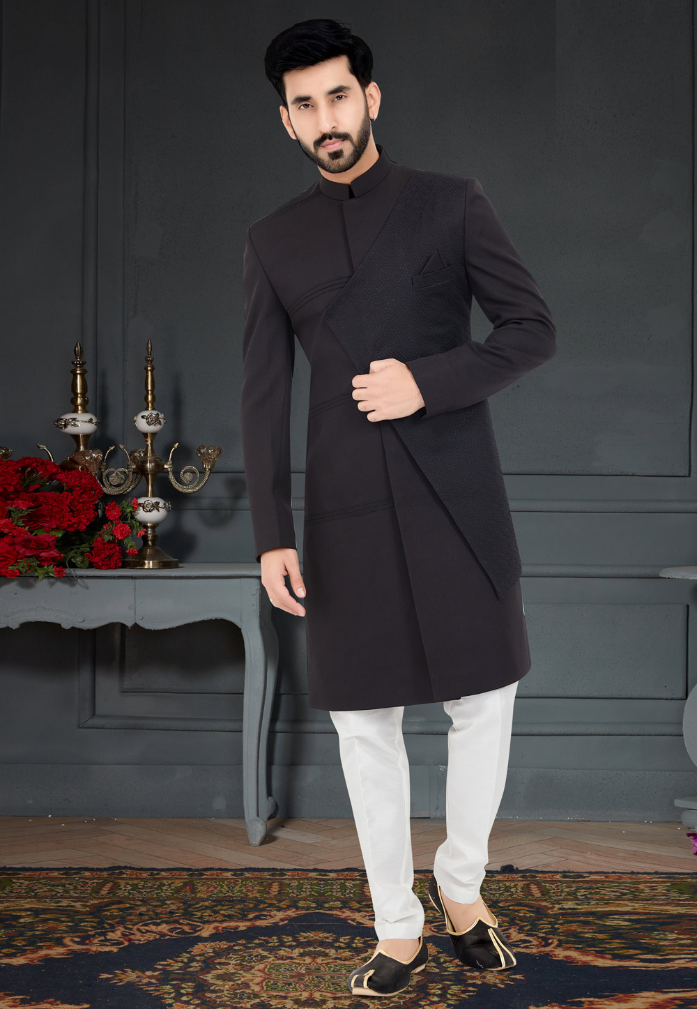 Black Jacquard Indo Western Sherwani 259283