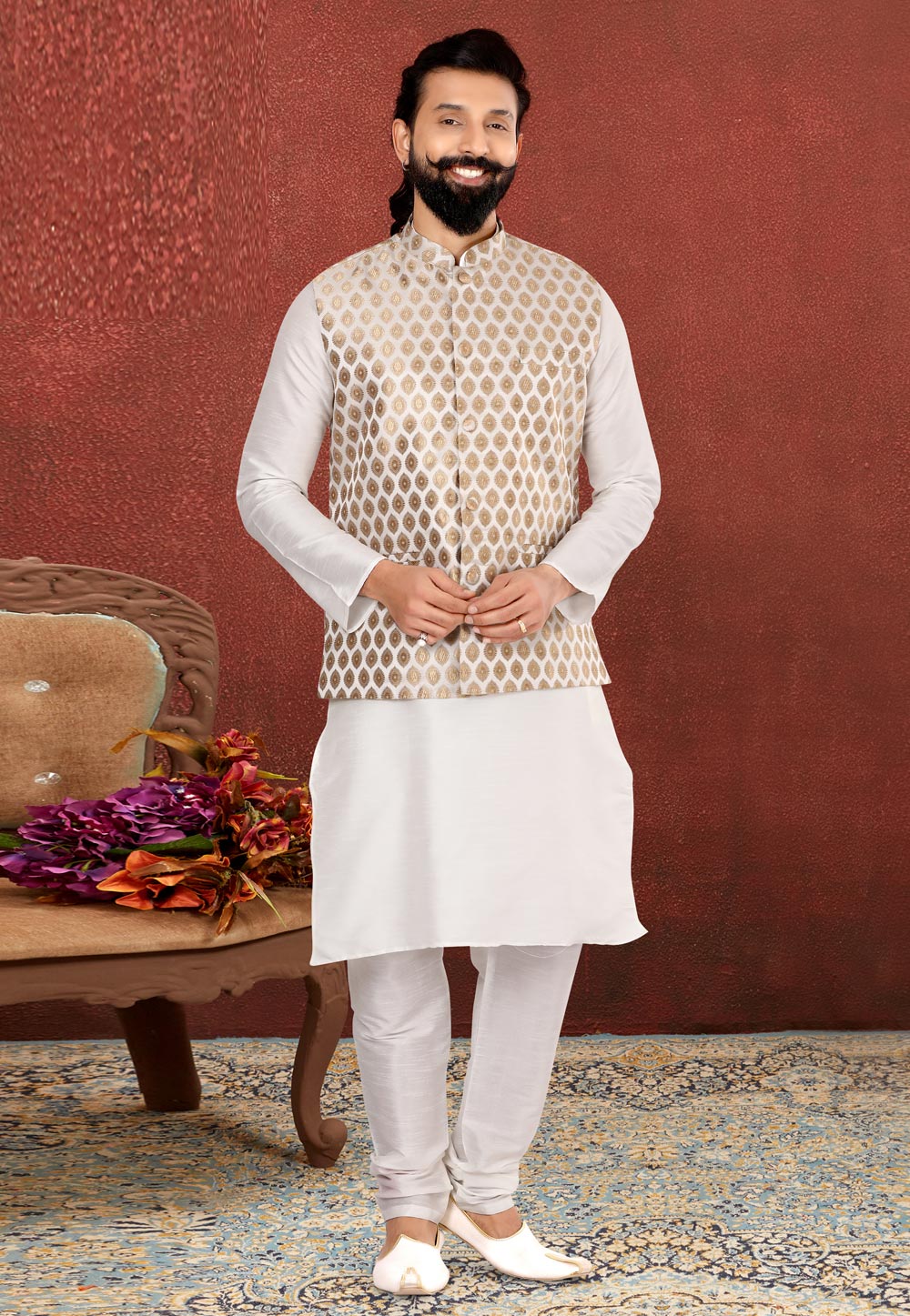 White Dupion Silk Kurta Pajama With Jacket 238517