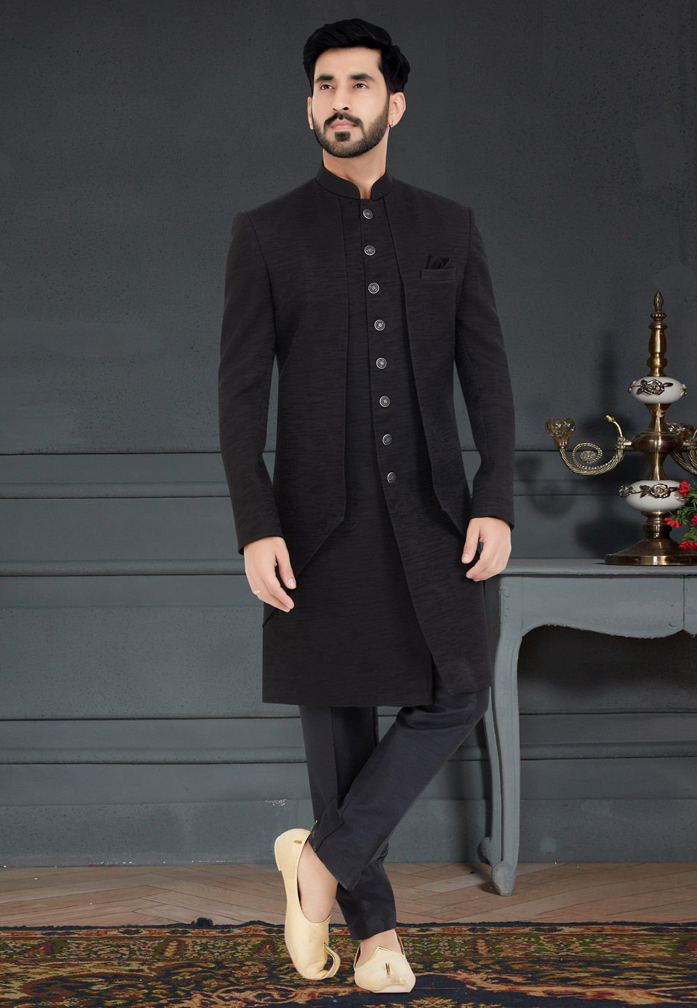 Black Jacquard Indo Western Sherwani 259285