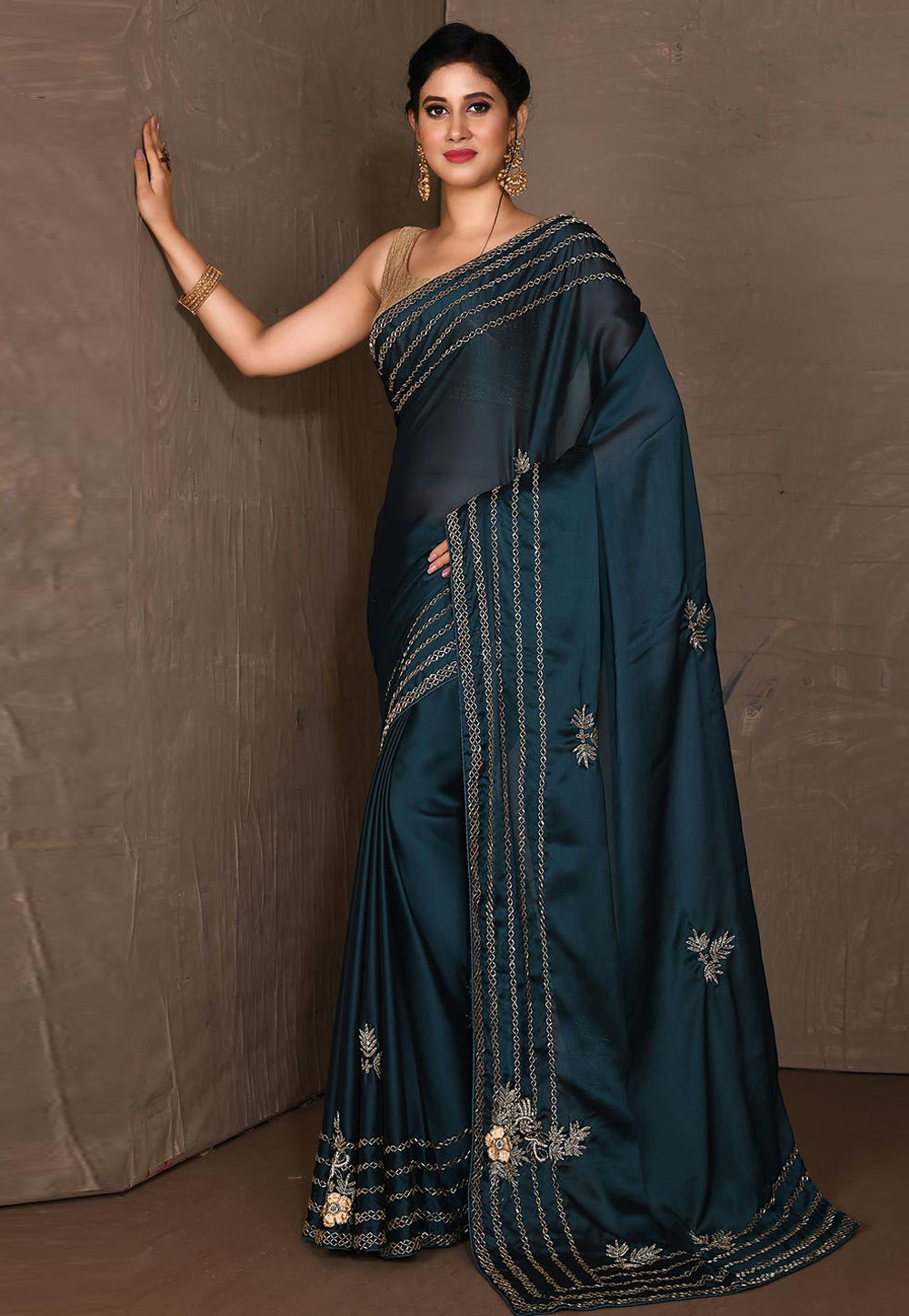 Teal Satin Saree With Blouse 242939