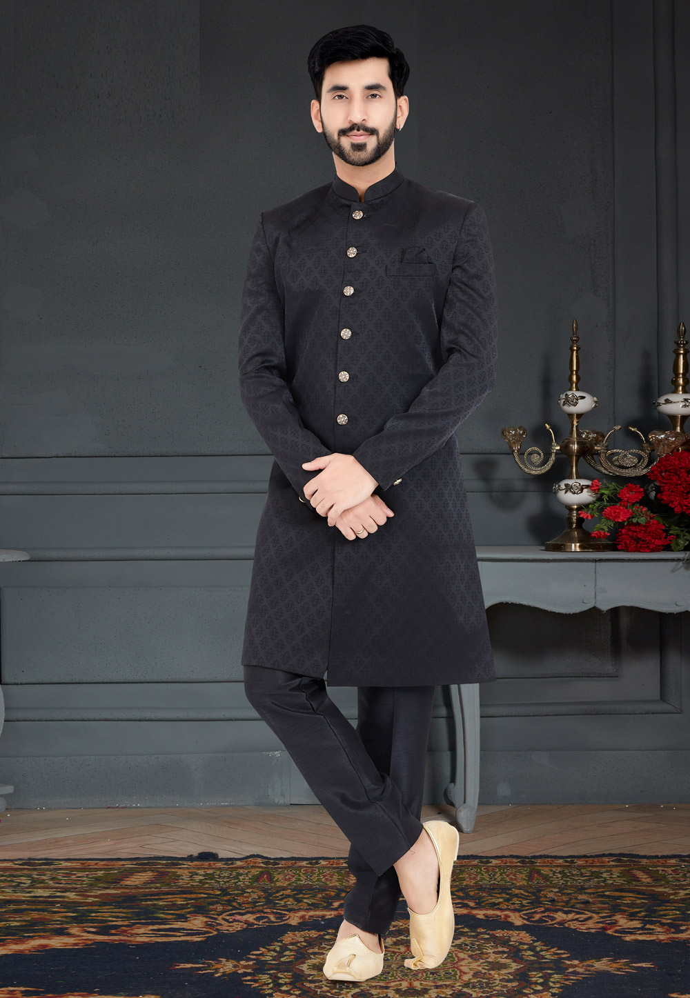 Black Jacquard Indo Western Sherwani 259287
