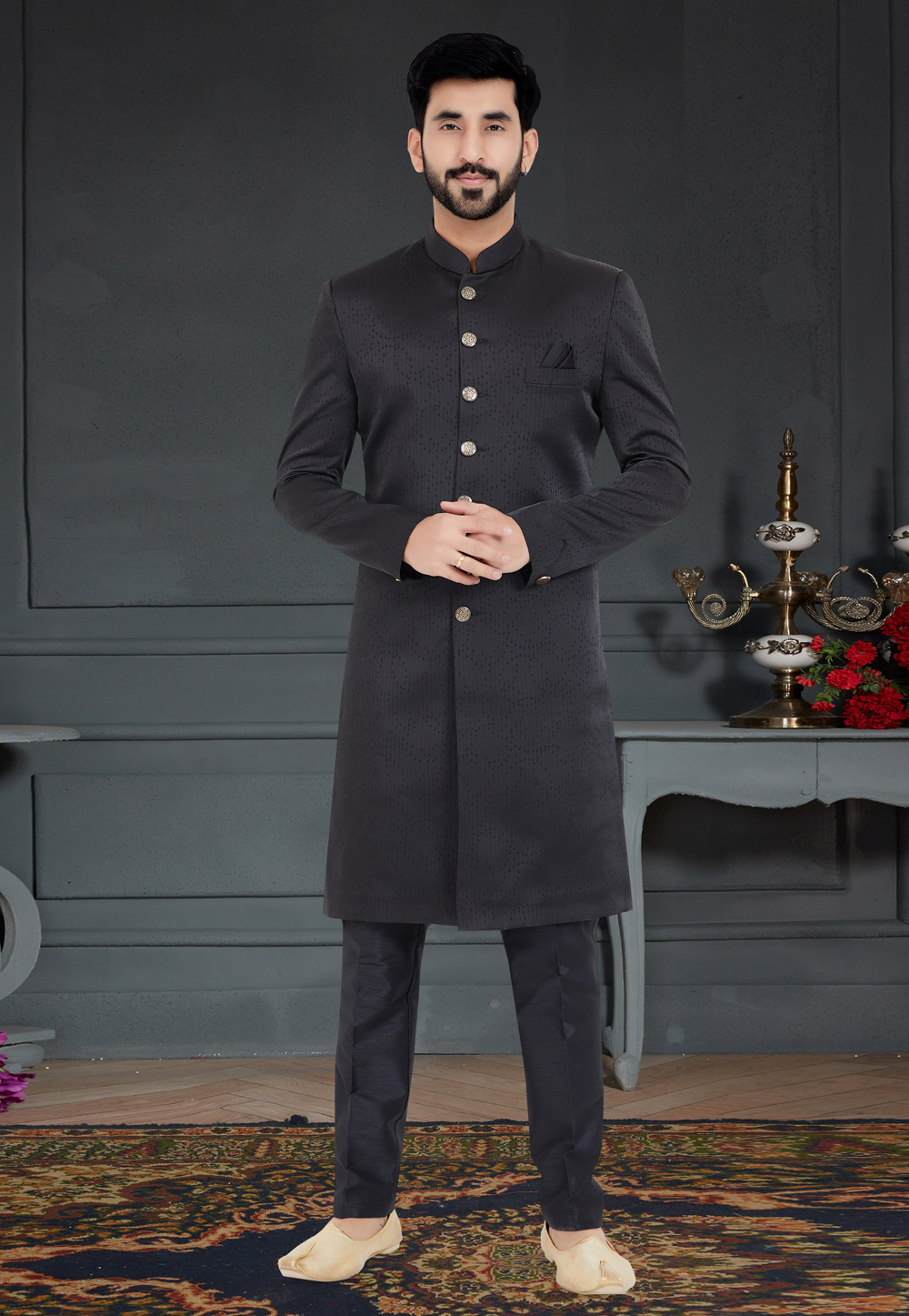 Black Jacquard Indo Western Sherwani 259288