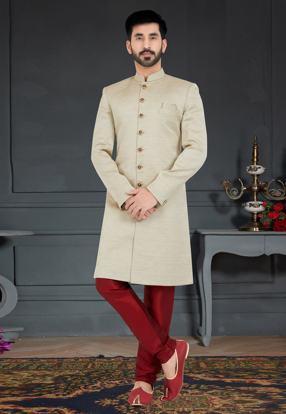 Off White Jacquard Indo Western Sherwani 259290