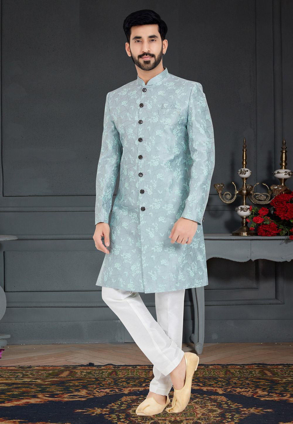 Aqua Jacquard Indo Western Sherwani 259291