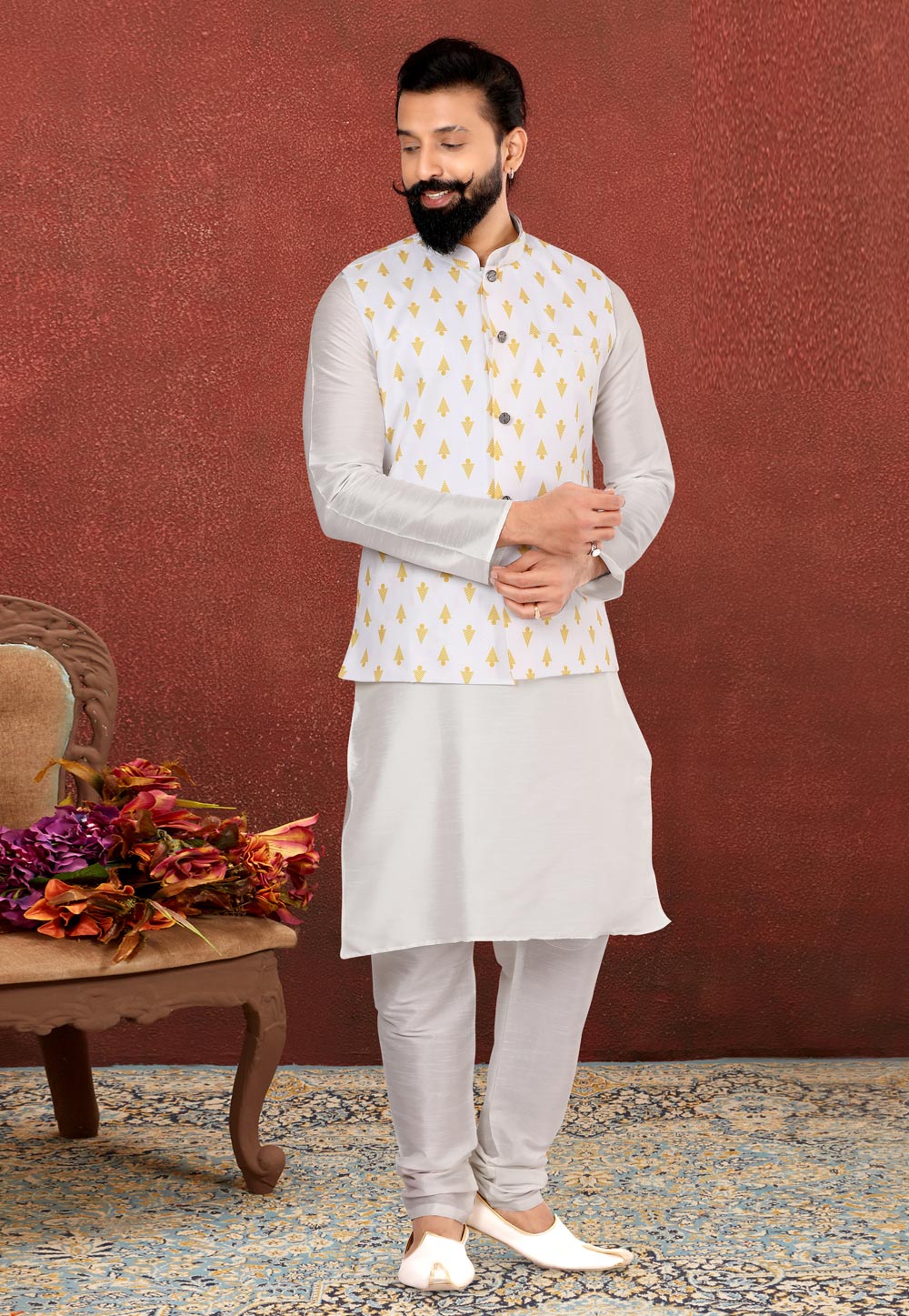 White Dupion Silk Kurta Pajama With Jacket 238518