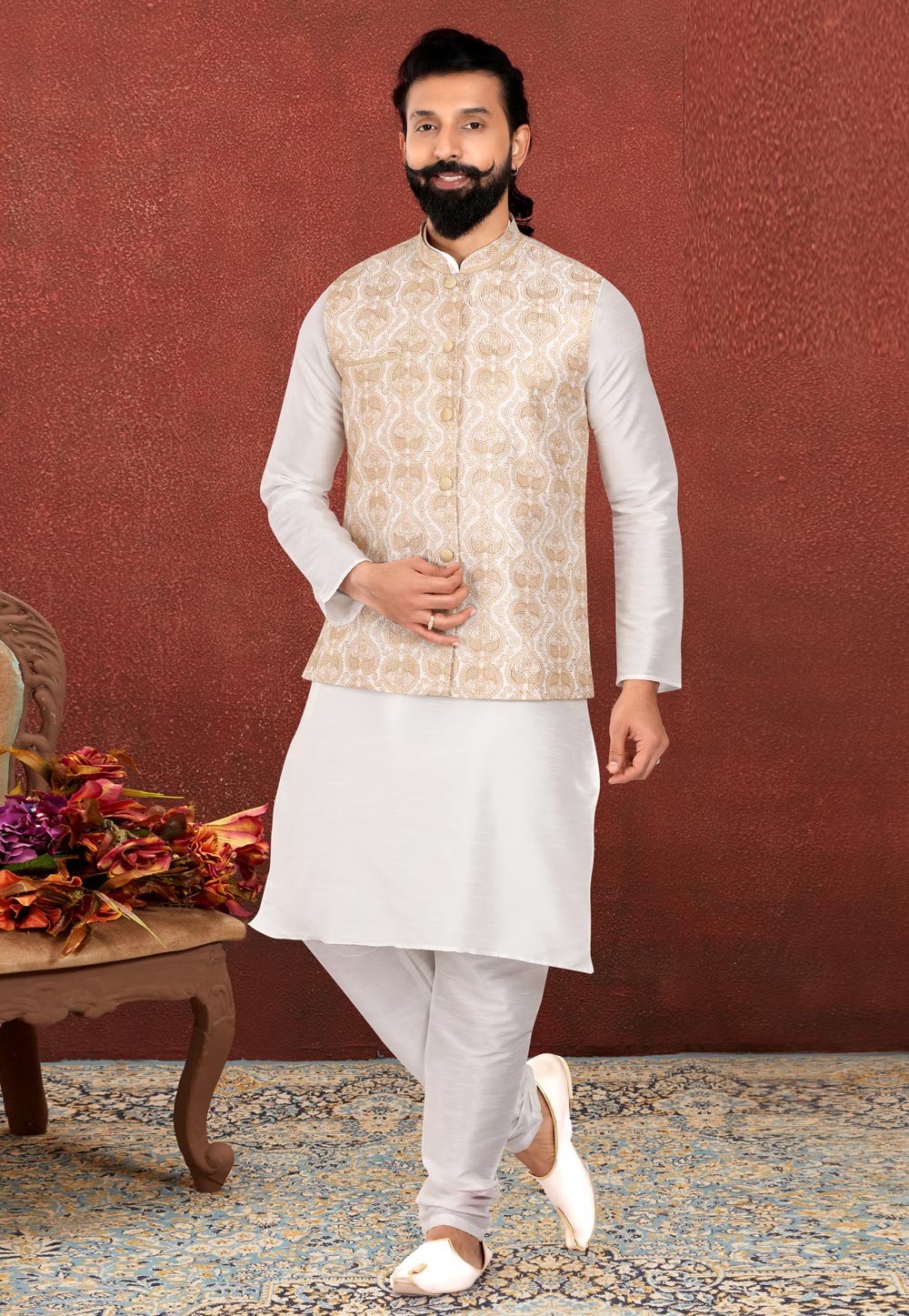 White Dupion Silk Kurta Pajama With Jacket 238519