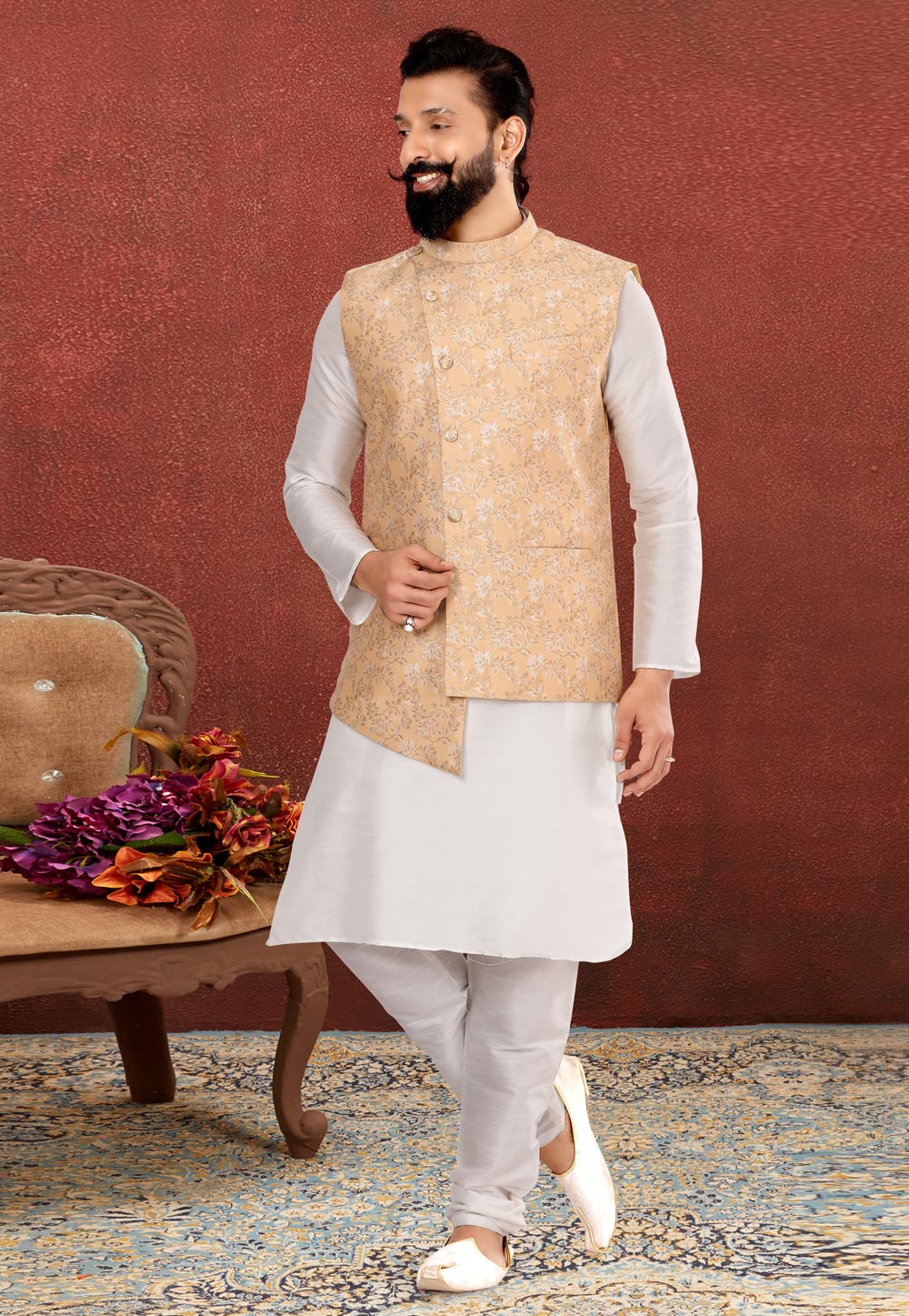White Dupion Silk Kurta Pajama With Jacket 238520