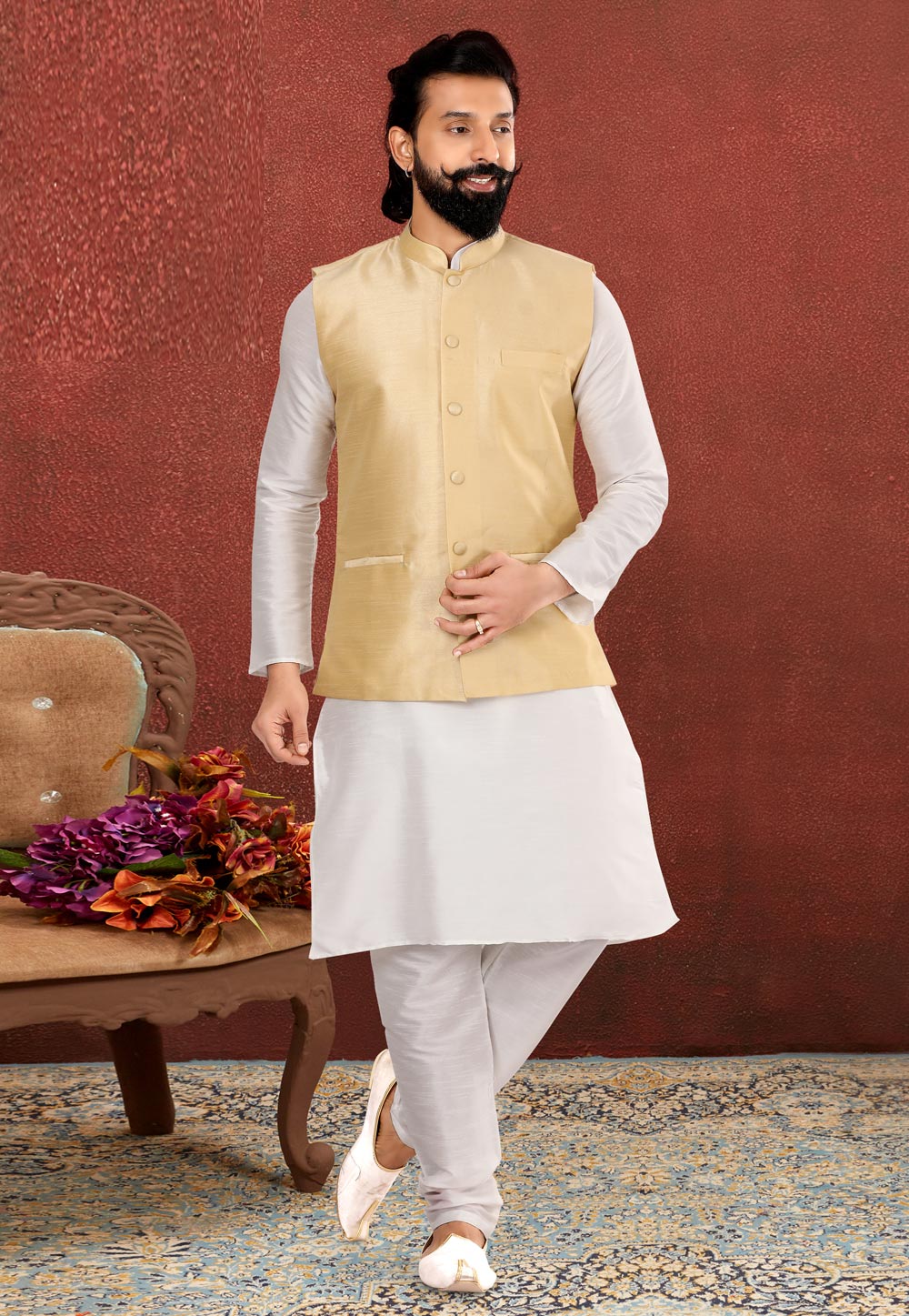 White Dupion Silk Kurta Pajama With Jacket 238521