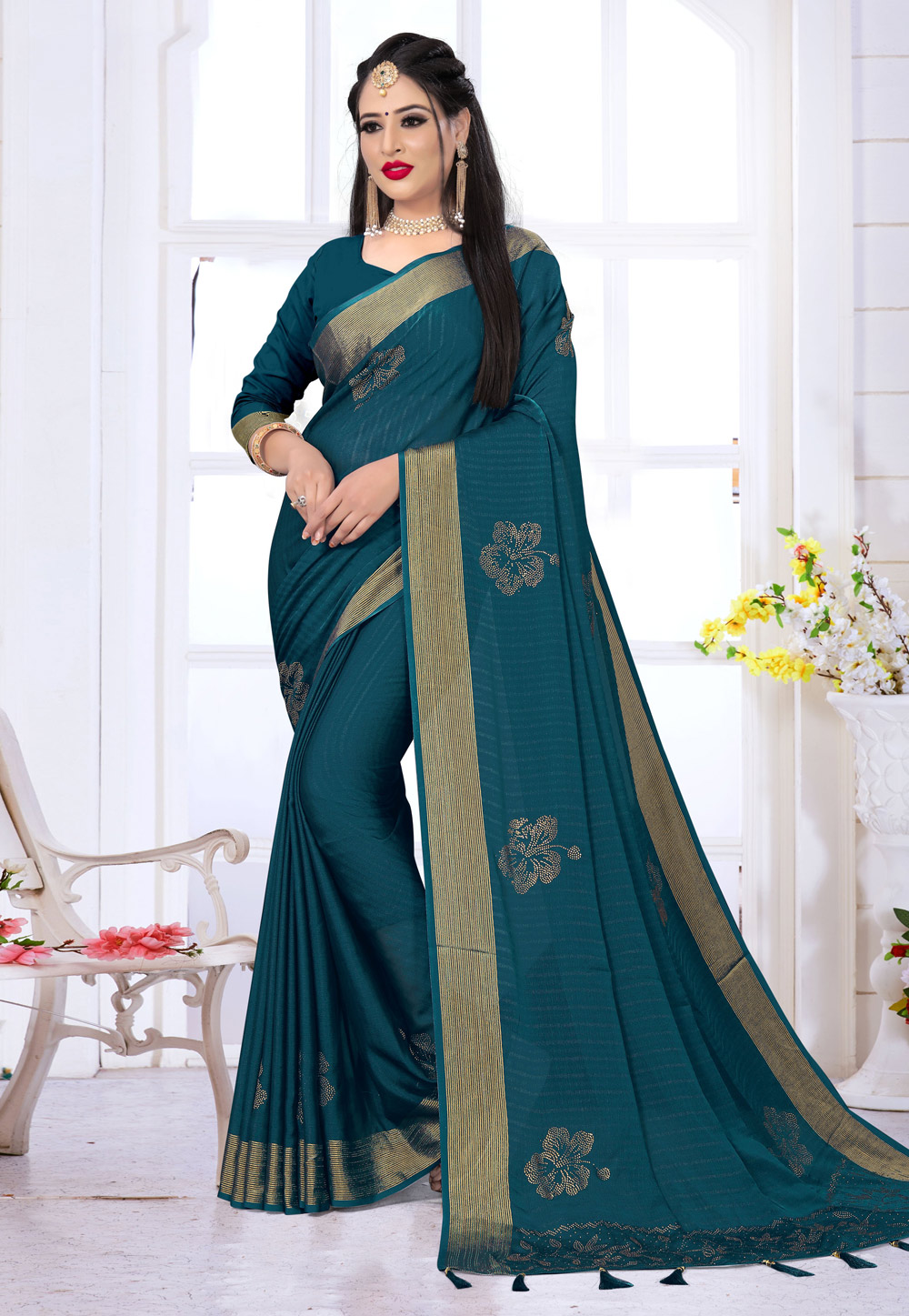 Teal Satin Silk Festival Wear Saree 215851