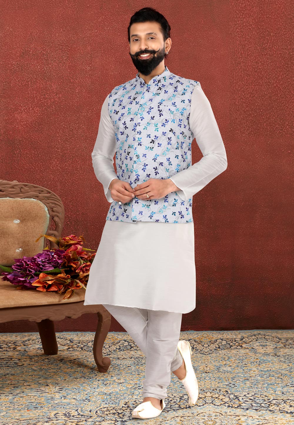 White Dupion Silk Kurta Pajama With Jacket 238522
