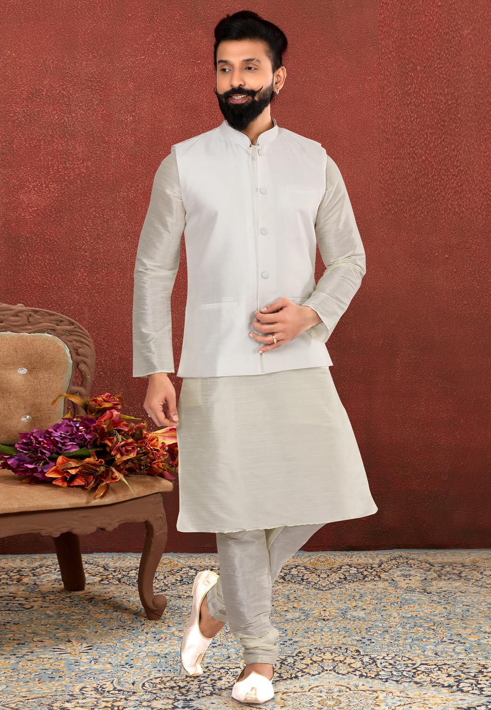 Grey Dupion Silk Kurta Pajama With Jacket 238523
