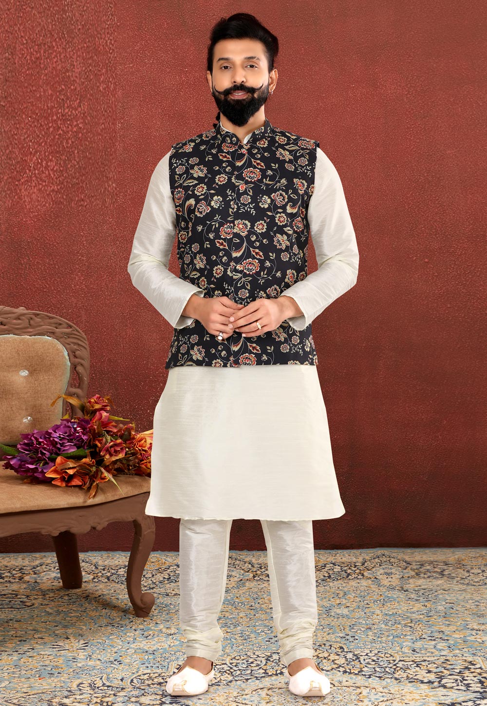 White Dupion Silk Kurta Pajama With Jacket 238524
