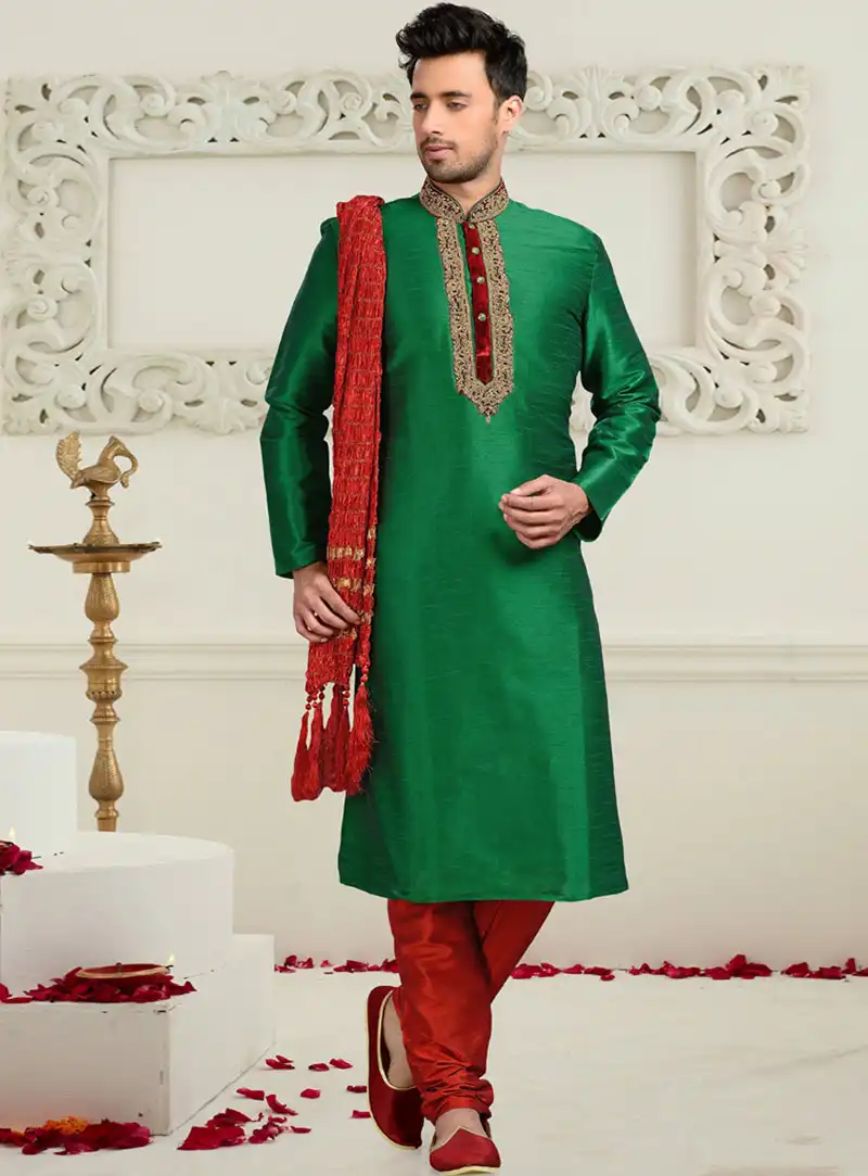 Green Dupion Readymade Kurta With Churidar 73665