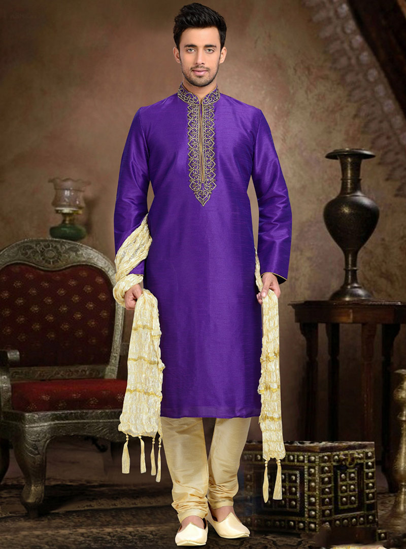 Purple Dupion Readymade Kurta With Churidar 73666