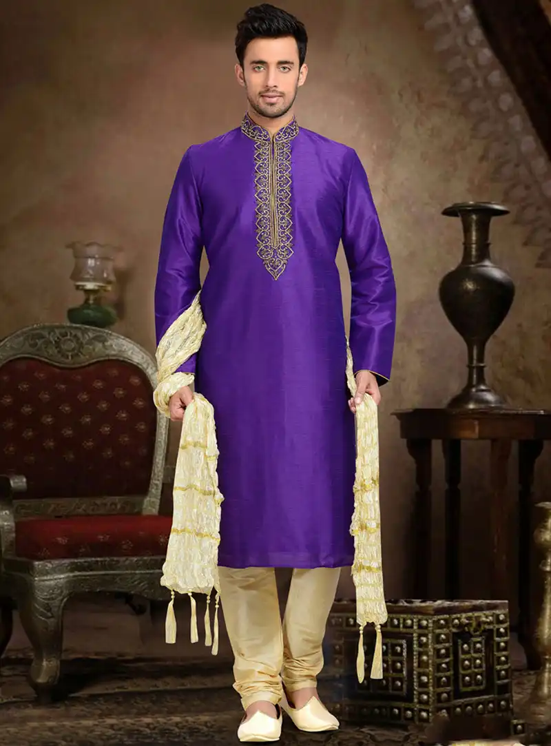 Purple Dupion Readymade Kurta With Churidar 73666