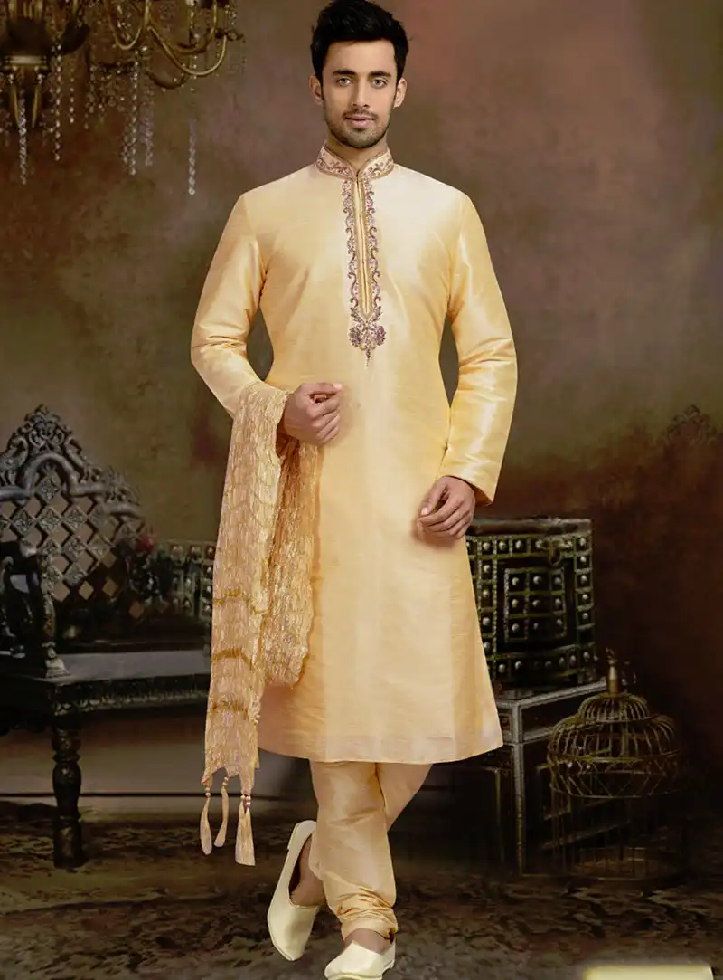 Beige Dupion Readymade Kurta With Churidar 73667