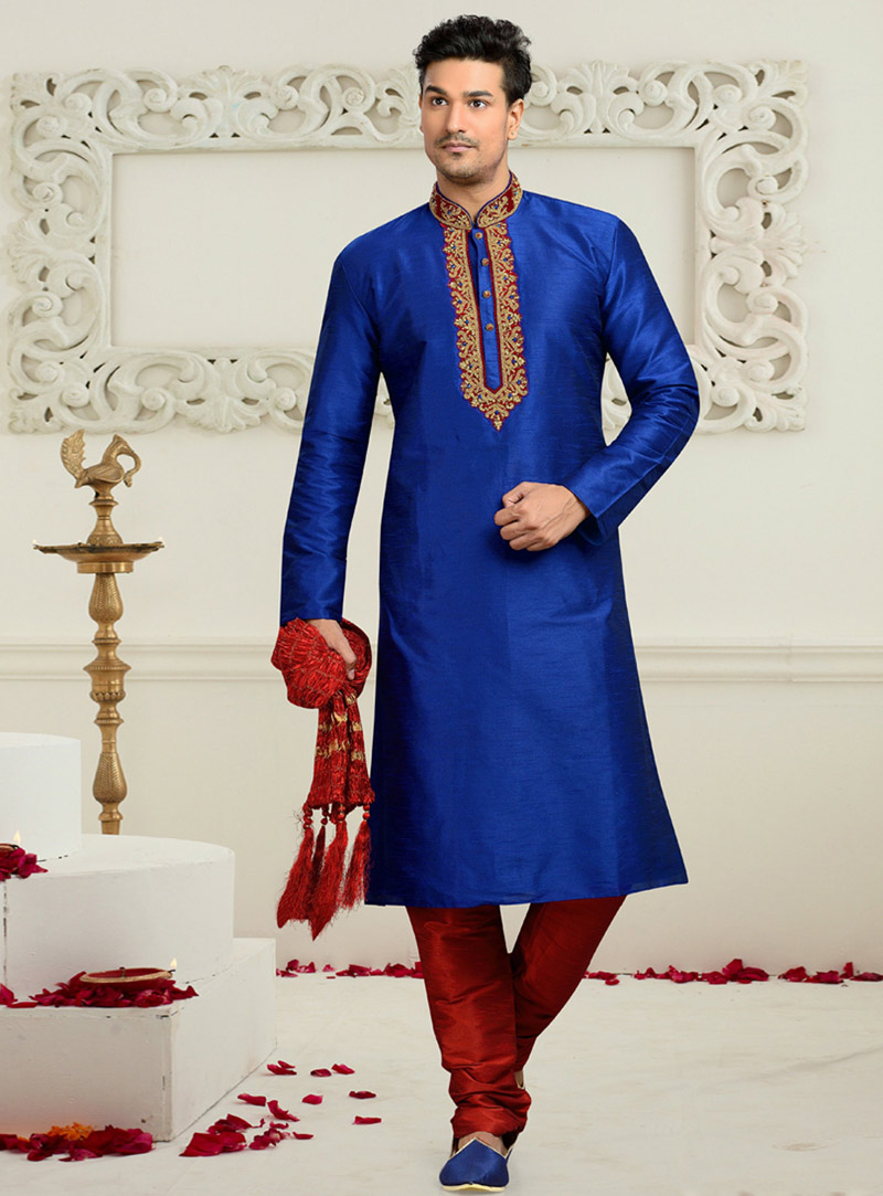 Blue Dupion Readymade Kurta With Churidar 73668