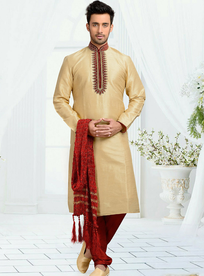 Cream Dupion Readymade Kurta With Churidar 73669